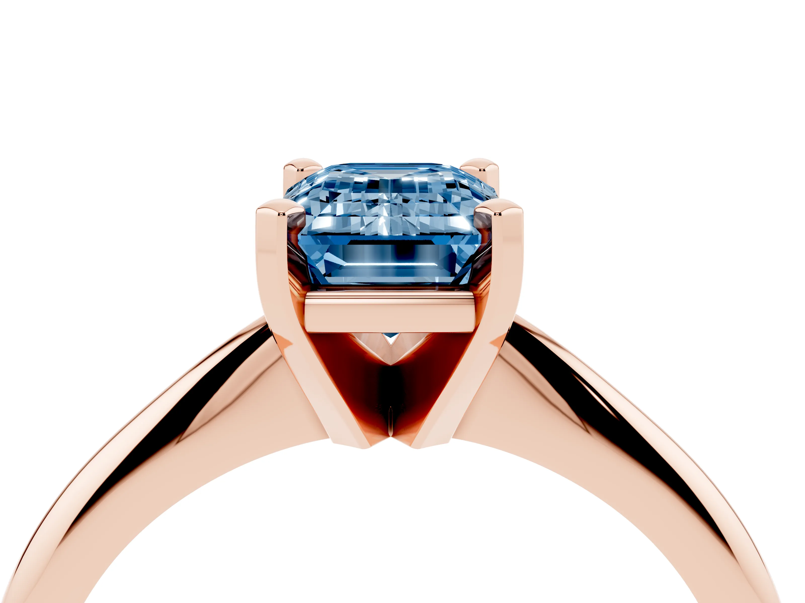 Fancy Blue Emerald Cut Diamond Solitaire Ring Set in Rose gold with Prong Setting on a Plain Round Band