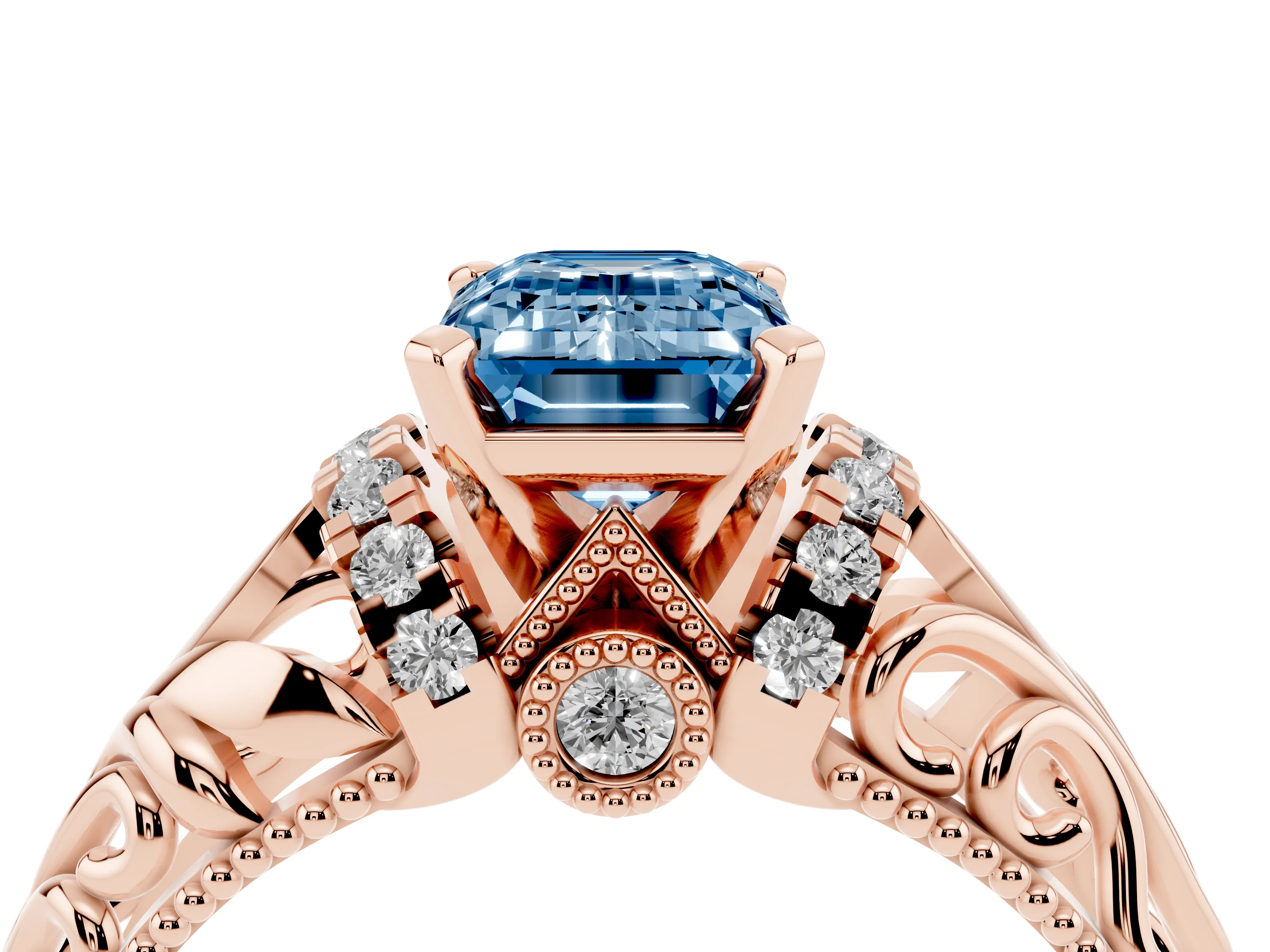 Fancy Blue Emerald Cut Diamond Filigree Halo Engagement Ring Set in Rose gold with Prong Setting