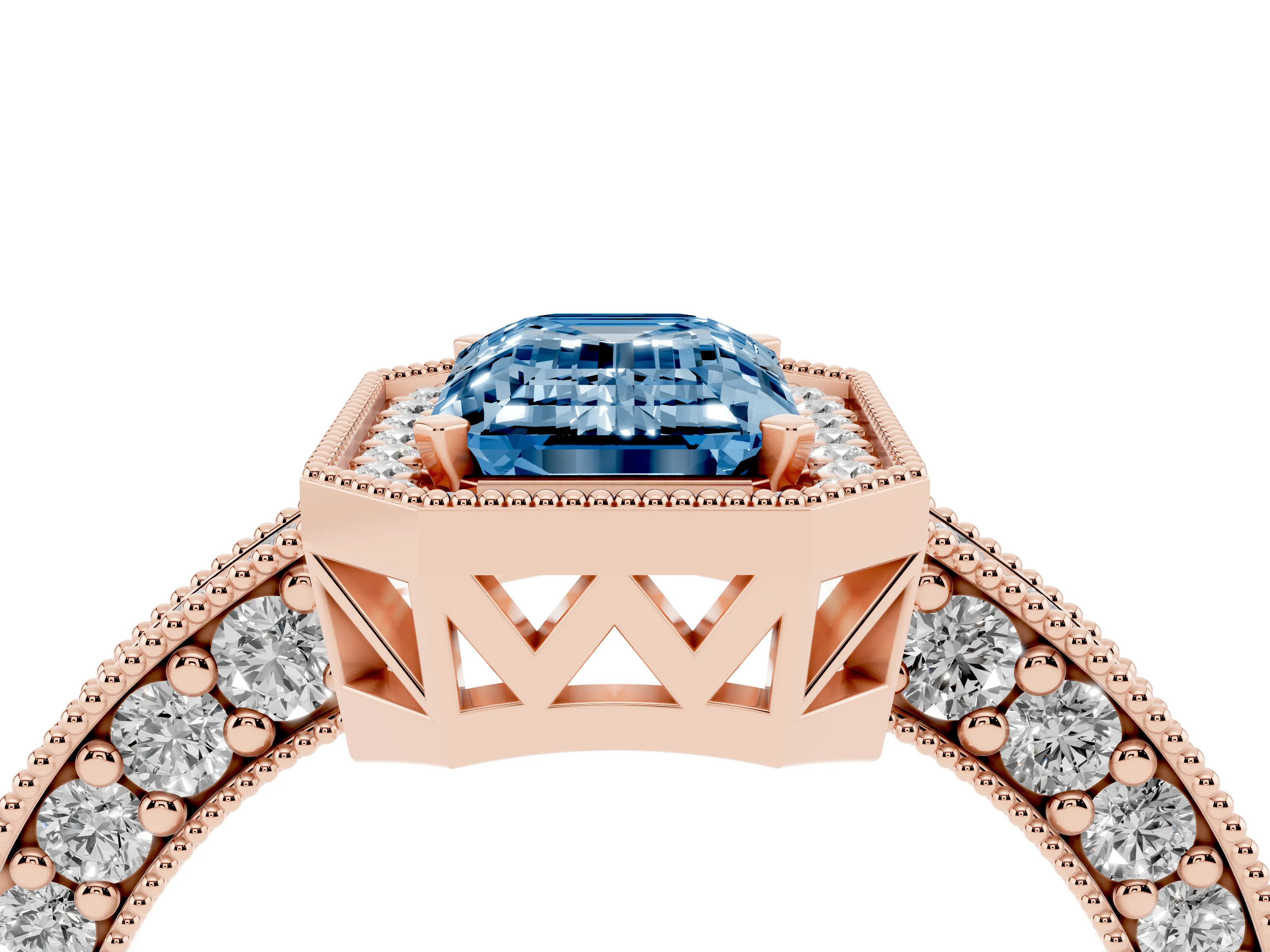 Fancy Blue Emerald Cut Diamond Halo Pavé Band Ring Set in Rose gold with Prong-Set Center