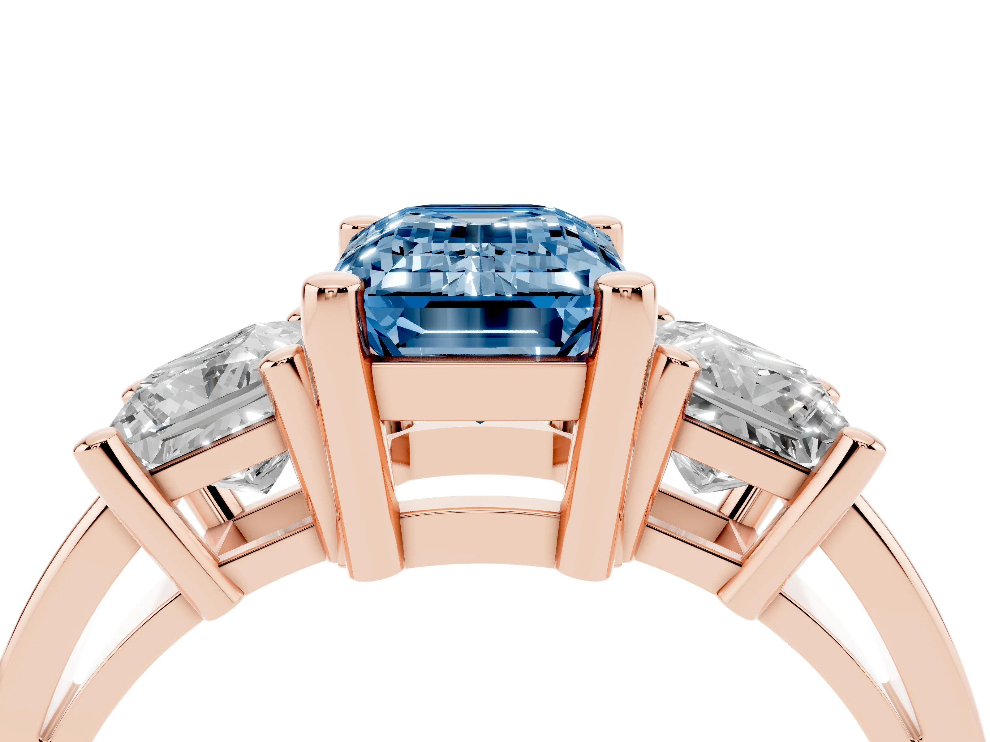 Fancy Blue Three-Stone Emerald Cut Diamond Solitaire Ring Set in Rose gold with Prong Setting