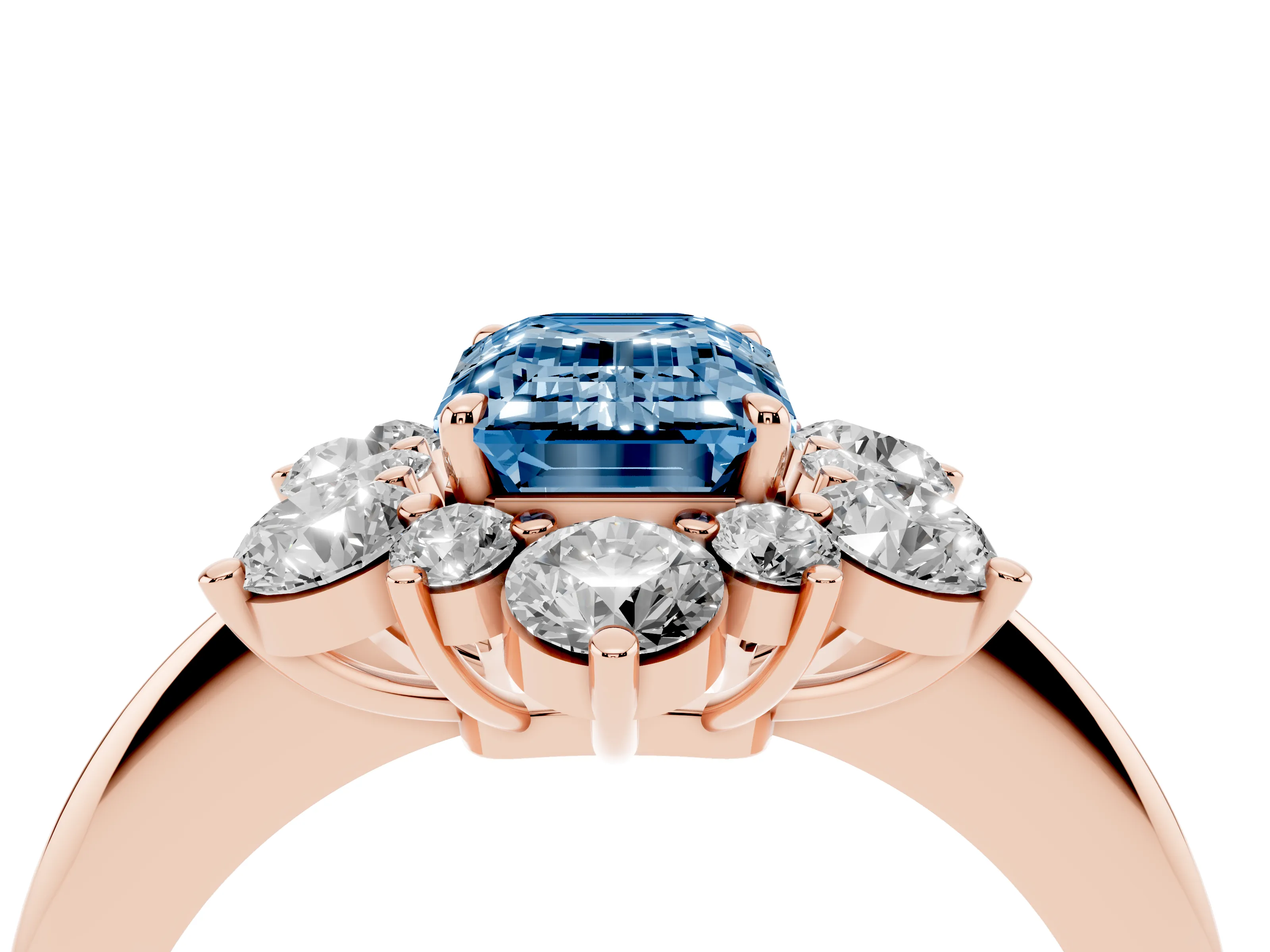 Fancy Blue Emerald Cut Diamond Cluster Halo Ring Set in Rose gold with Solitaire Band and Prong Setting