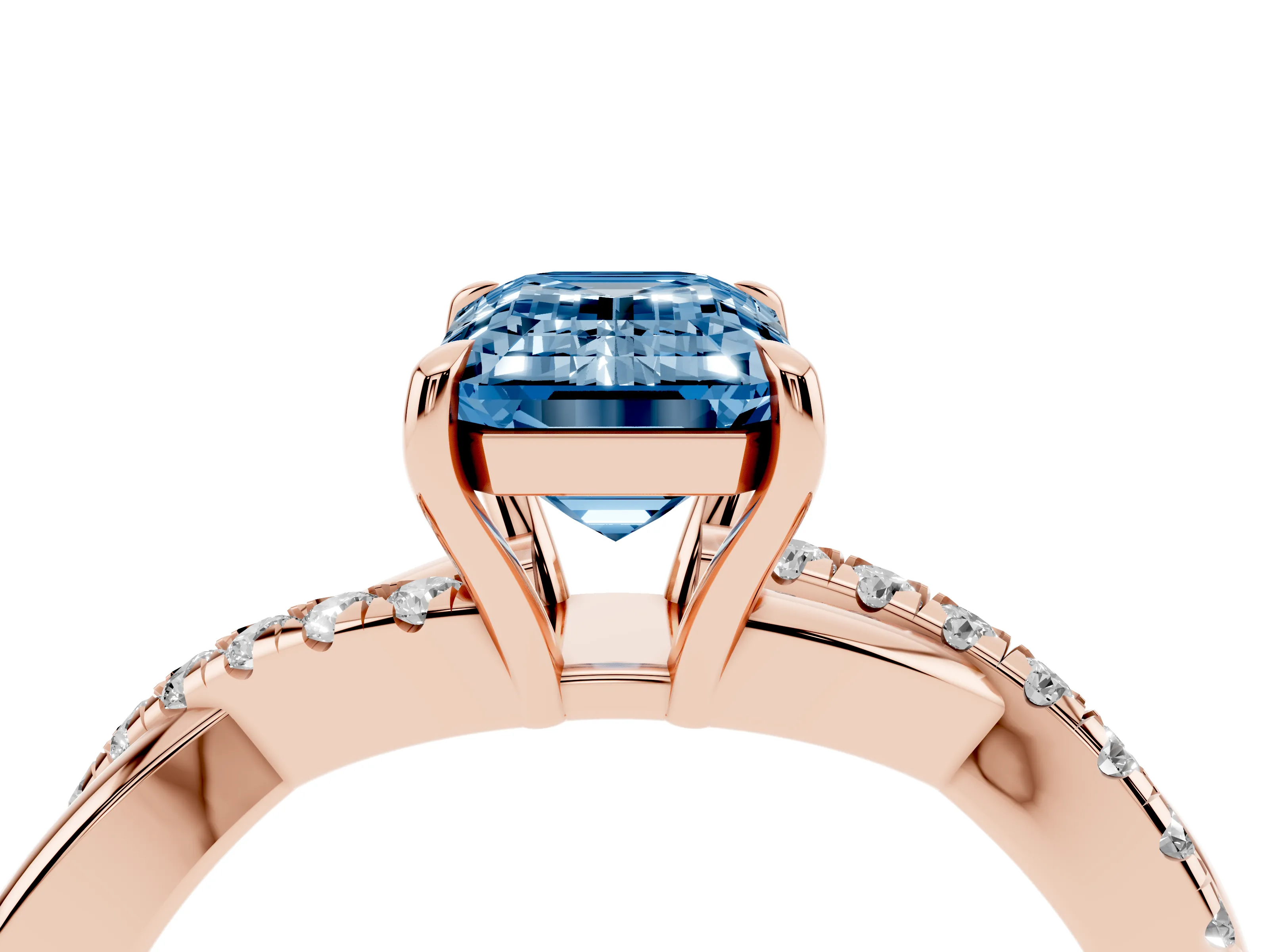 Fancy Blue Emerald Cut Diamond Twisted Pavé Band Ring Set in Rose gold with Prong Setting