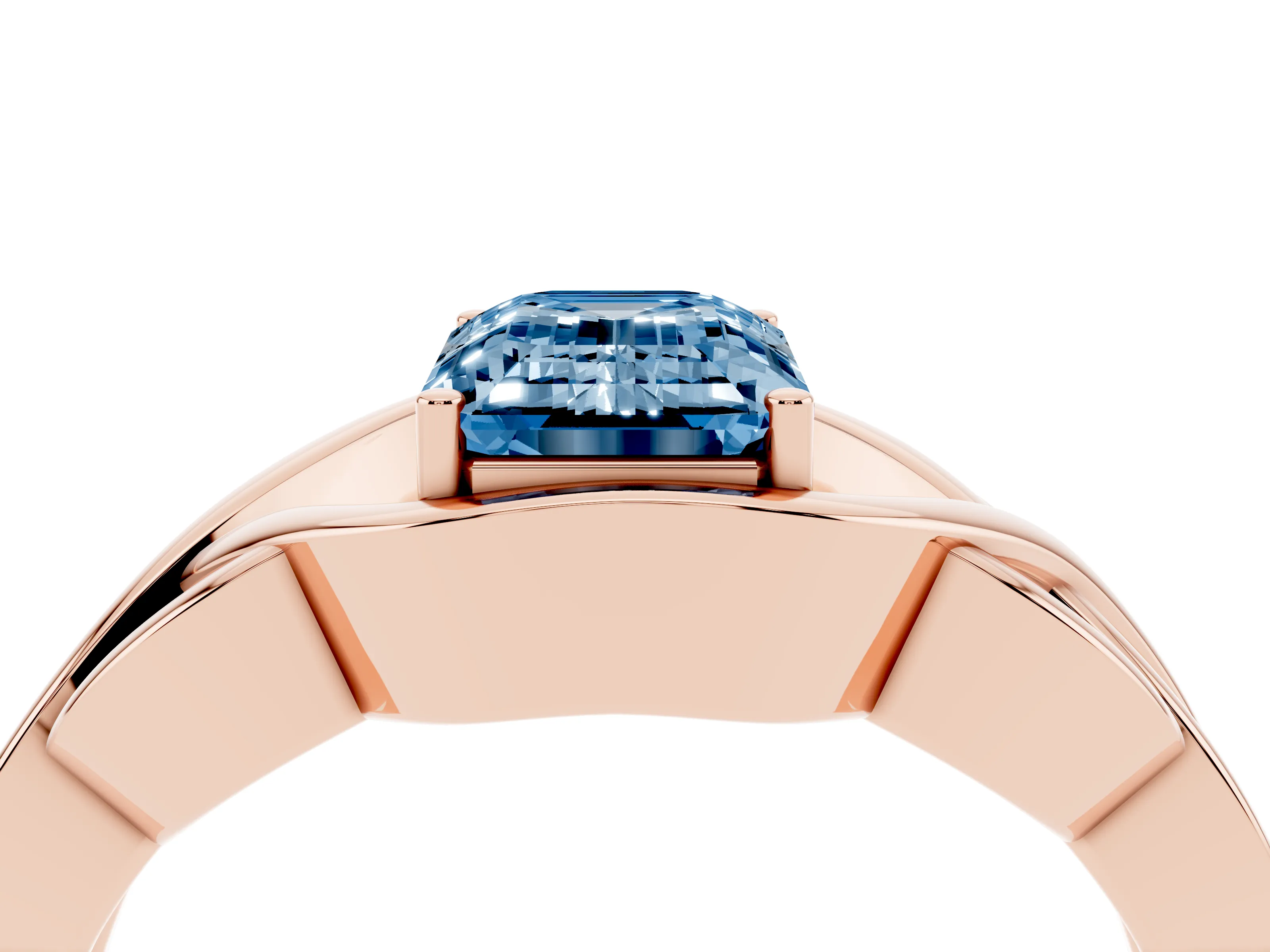 Fancy Blue Emerald Cut Diamond Solitaire Ring Set in Rose gold with Intertwined Band