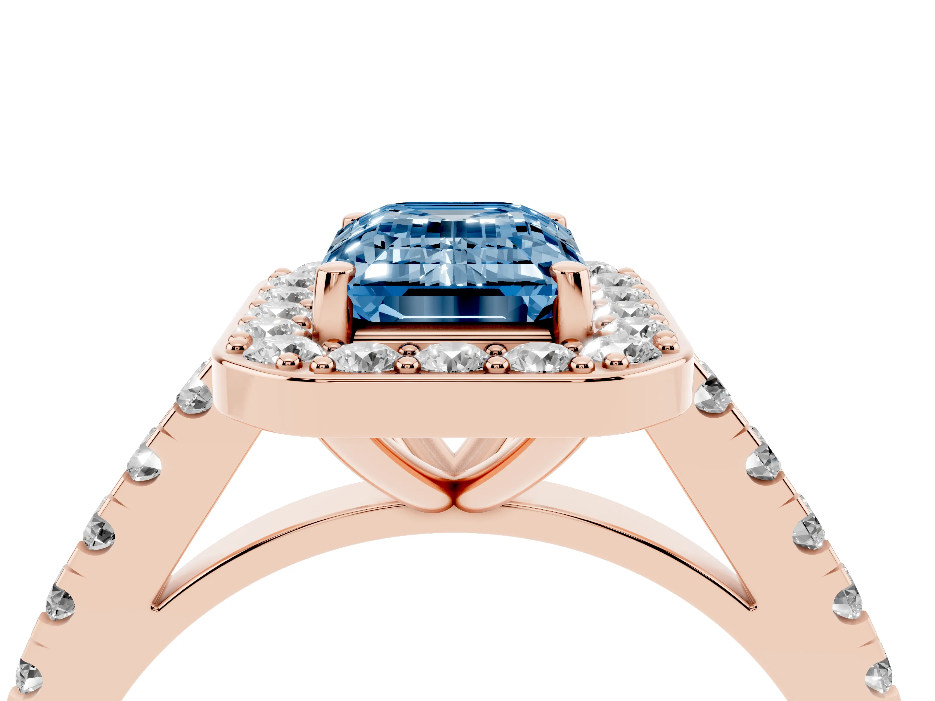 Fancy Blue Emerald Cut Diamond Halo Ring Set in Rose gold with Round Pavé Split Shank and Prong Setting