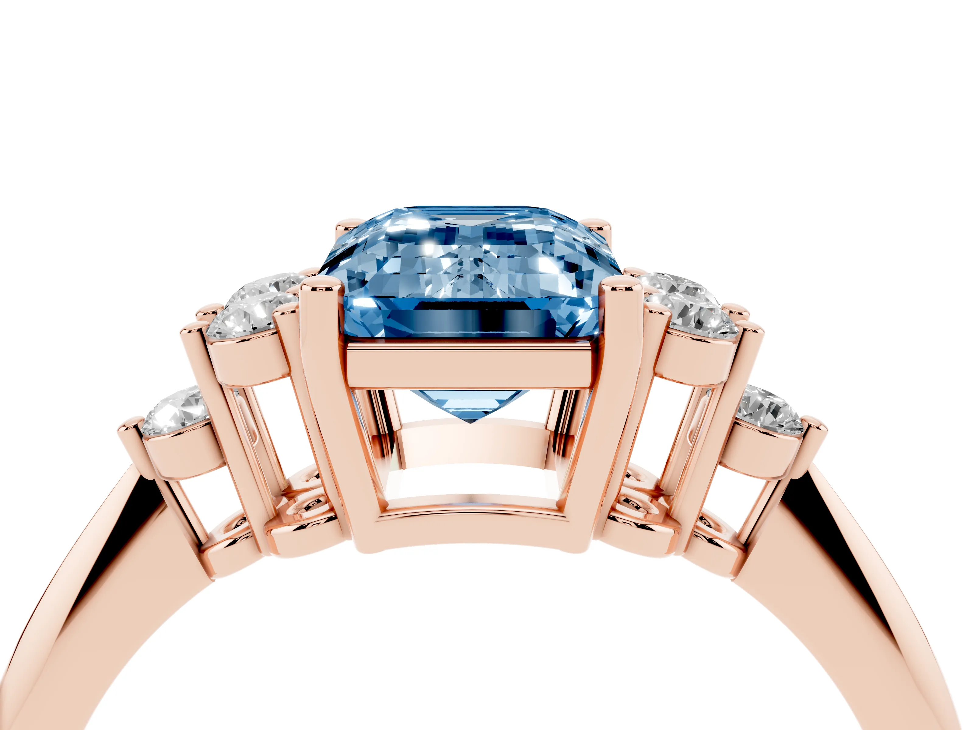 Fancy Blue Emerald Cut Diamond Cluster Ring Set in Rose gold with Plain Band and Prong Setting