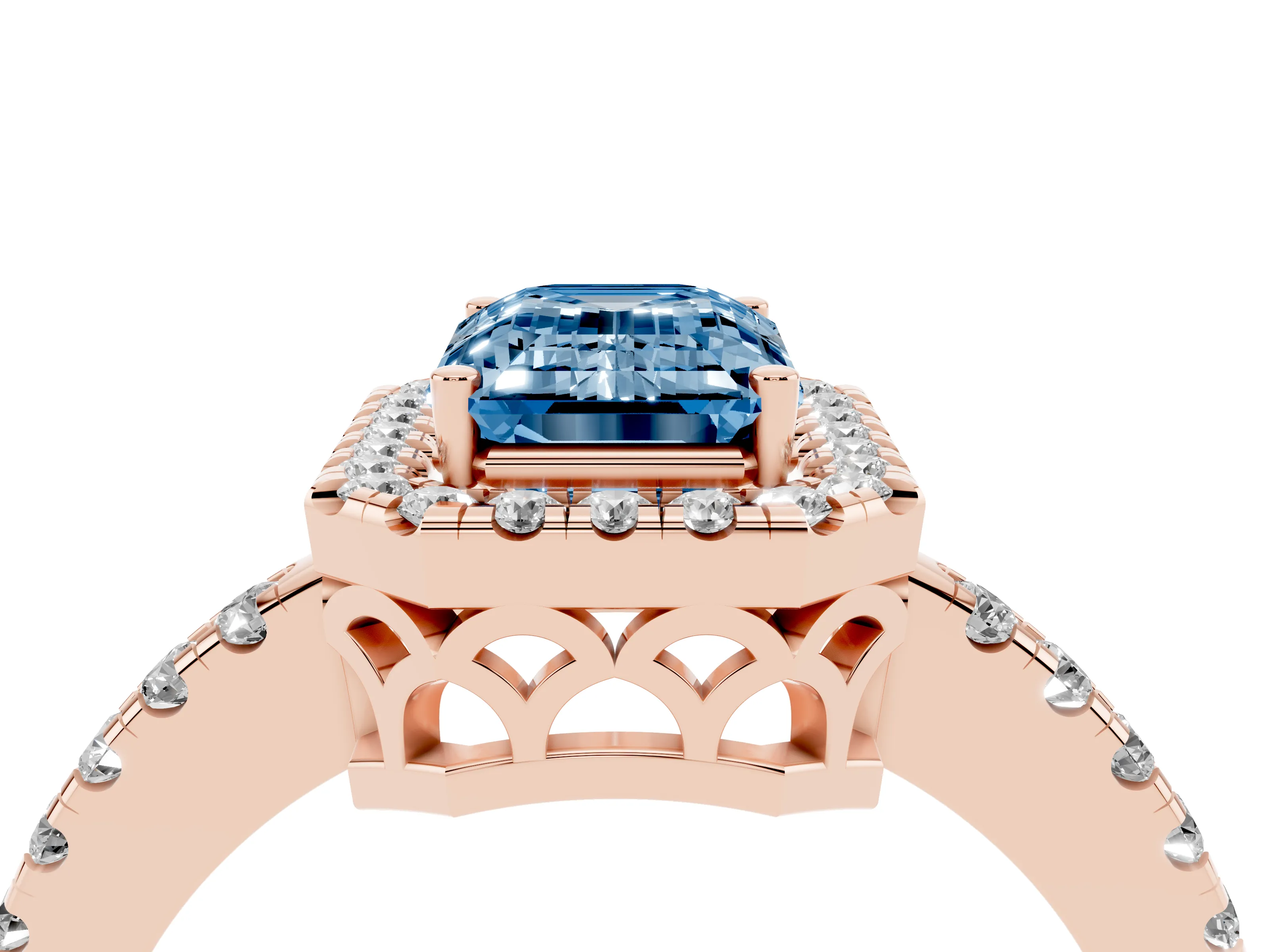 Fancy Blue Emerald Cut Diamond Pavé Band Halo Engagement Ring Set in Rose gold with Prong Setting