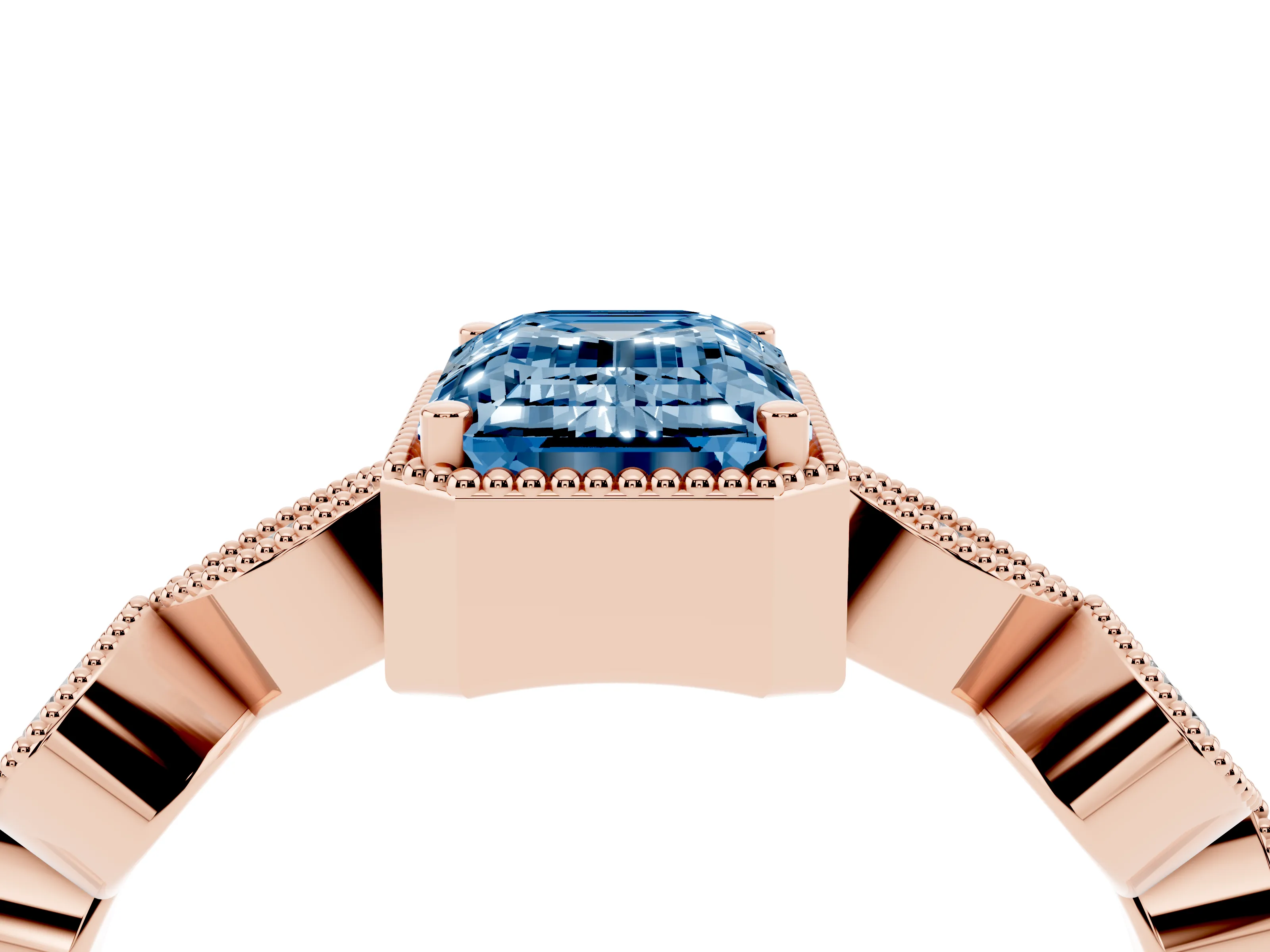 Fancy Blue Emerald Cut Diamond Vintage-Inspired Milgrain Ring Set in Rose gold with Marquise Stations of Round Accents