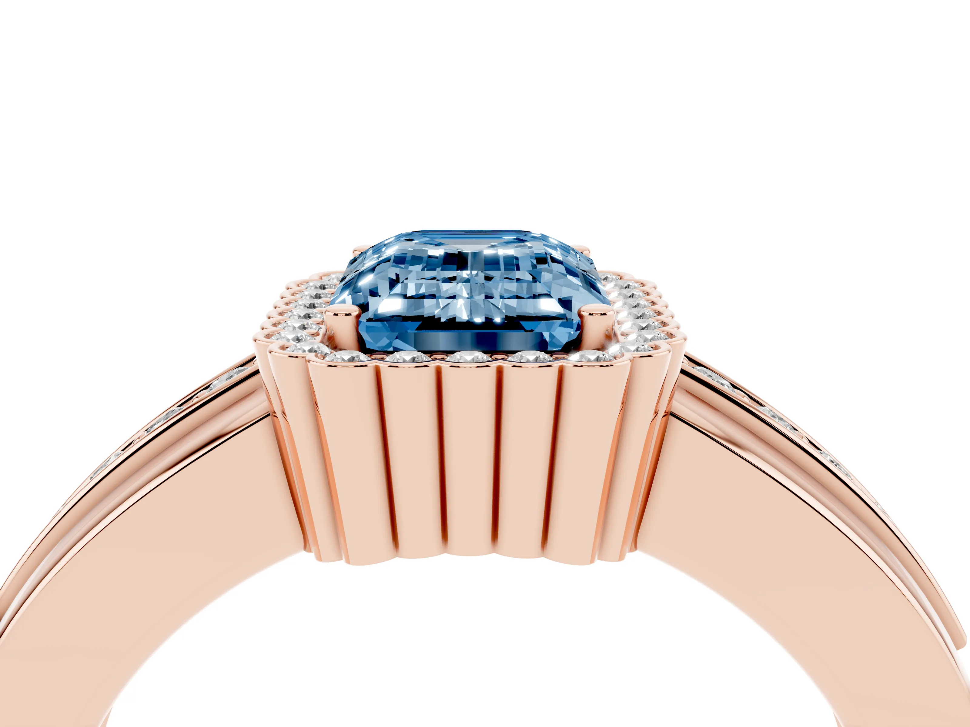 Fancy Blue Emerald Cut Diamond Halo Prong Ring Set in Rose gold with Pavé Band