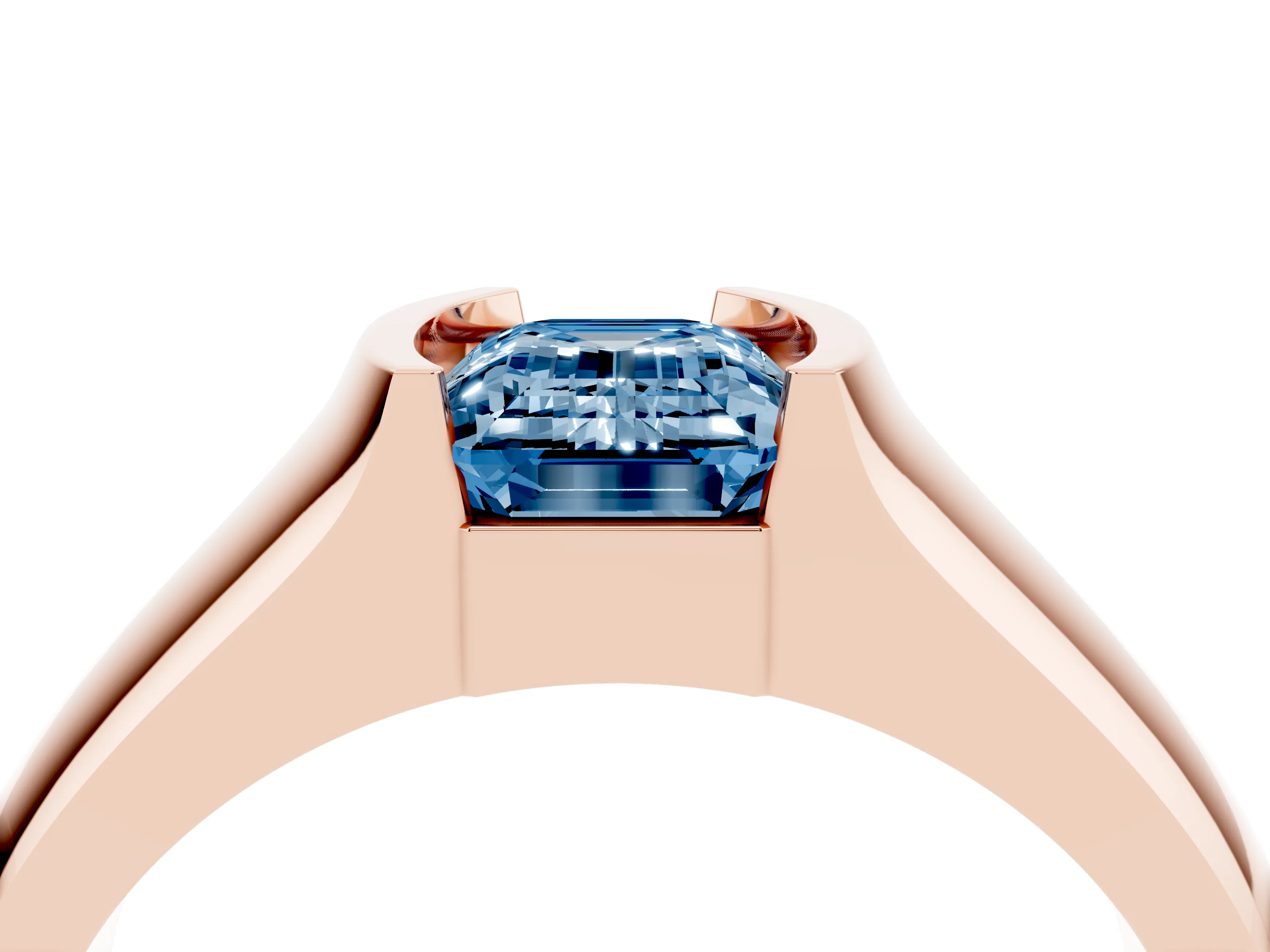 Fancy Blue Emerald Cut Diamond Bezel Solitaire Ring Set in Rose gold with Wide Band
