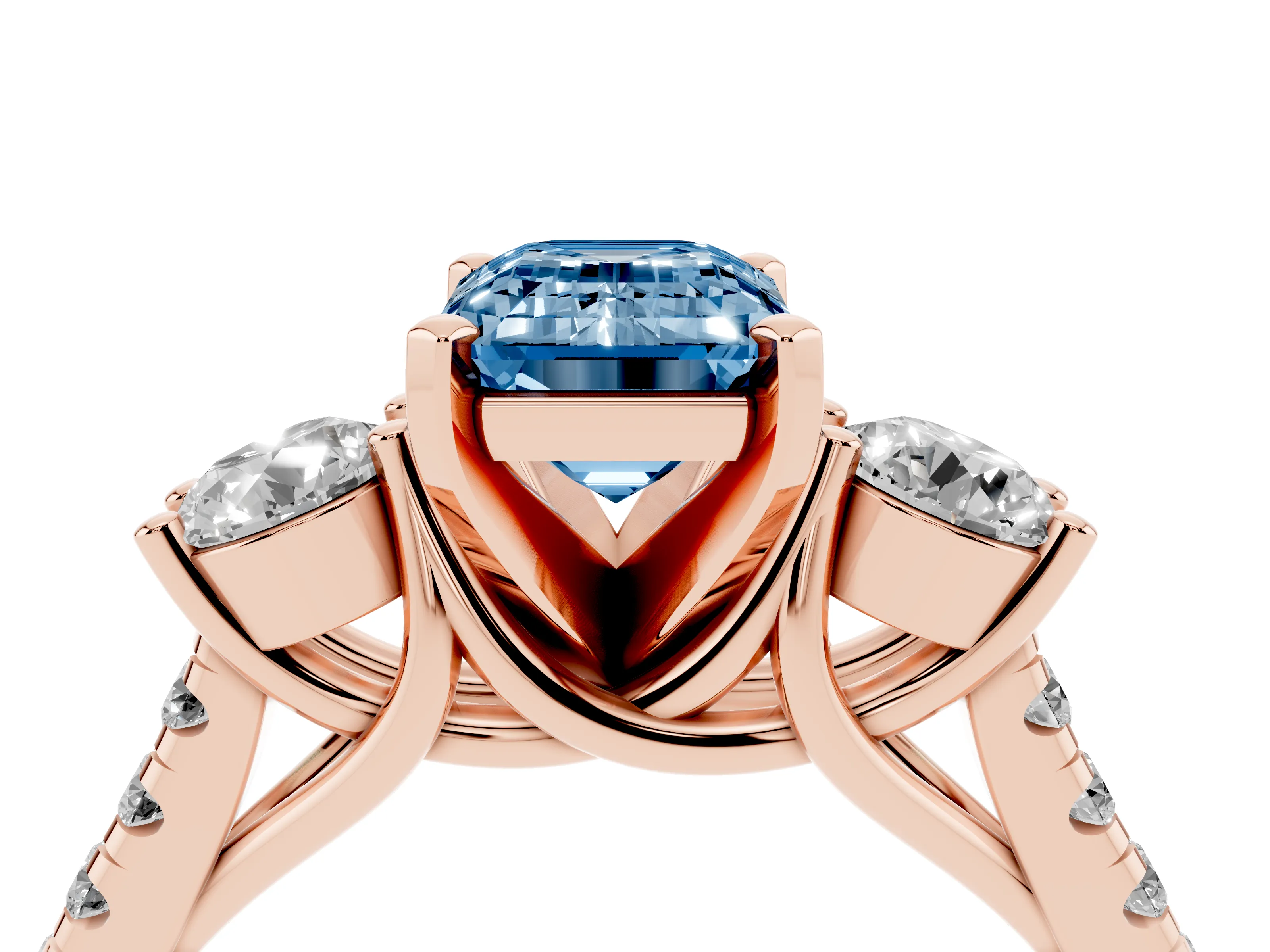 Fancy Blue Three-Stone Emerald Cut Diamond Pavé Band Ring Set in Rose gold with Prong-Set Trio