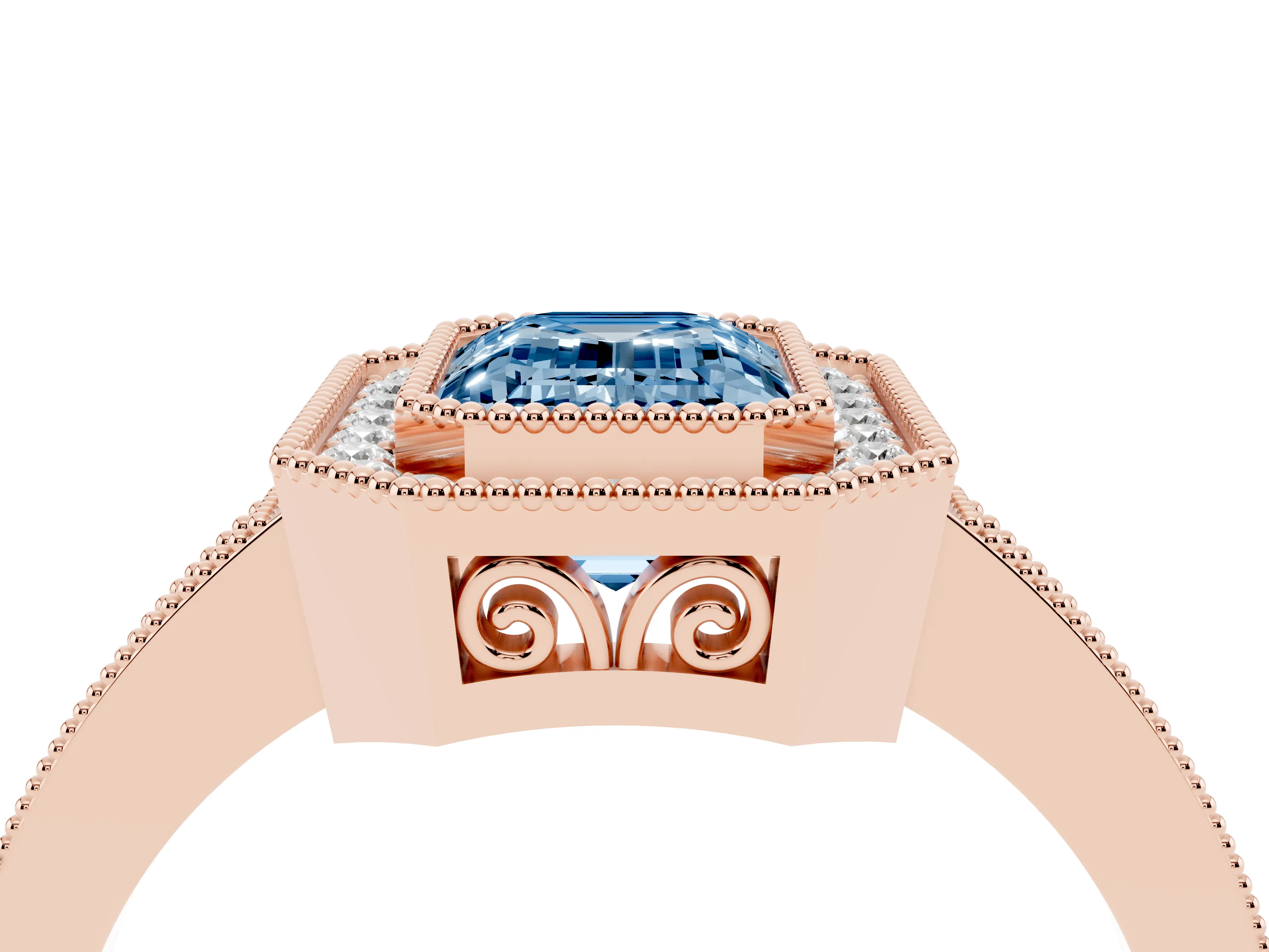 Fancy Blue Emerald Cut Diamond Halo Ring Set in Rose gold with Pavé Band and Milgrain-Edged Prongs