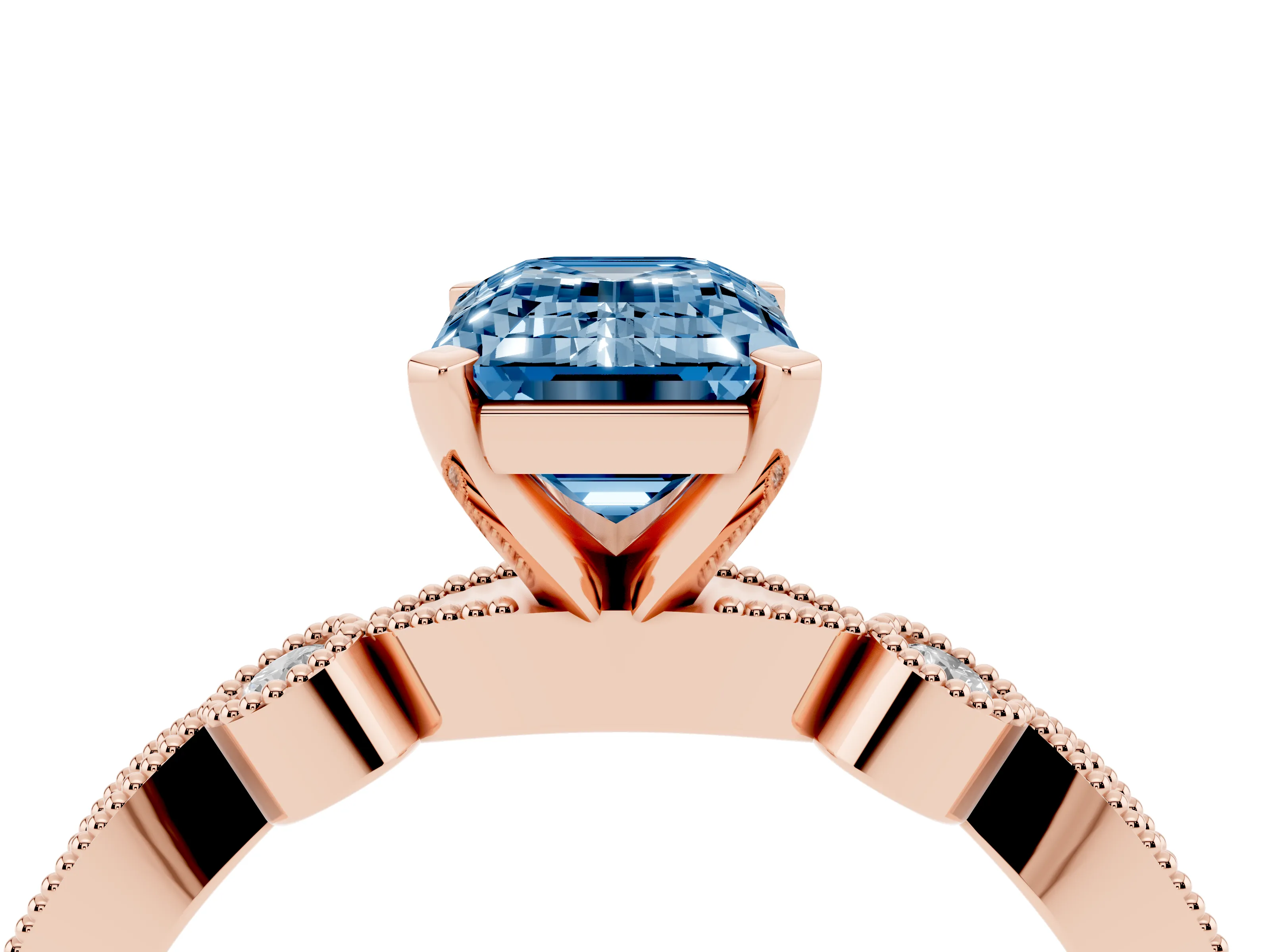 Fancy Blue Emerald Cut Diamond Solitaire Engagement Ring Set in Rose gold with Milgrain Bezel Accent Band