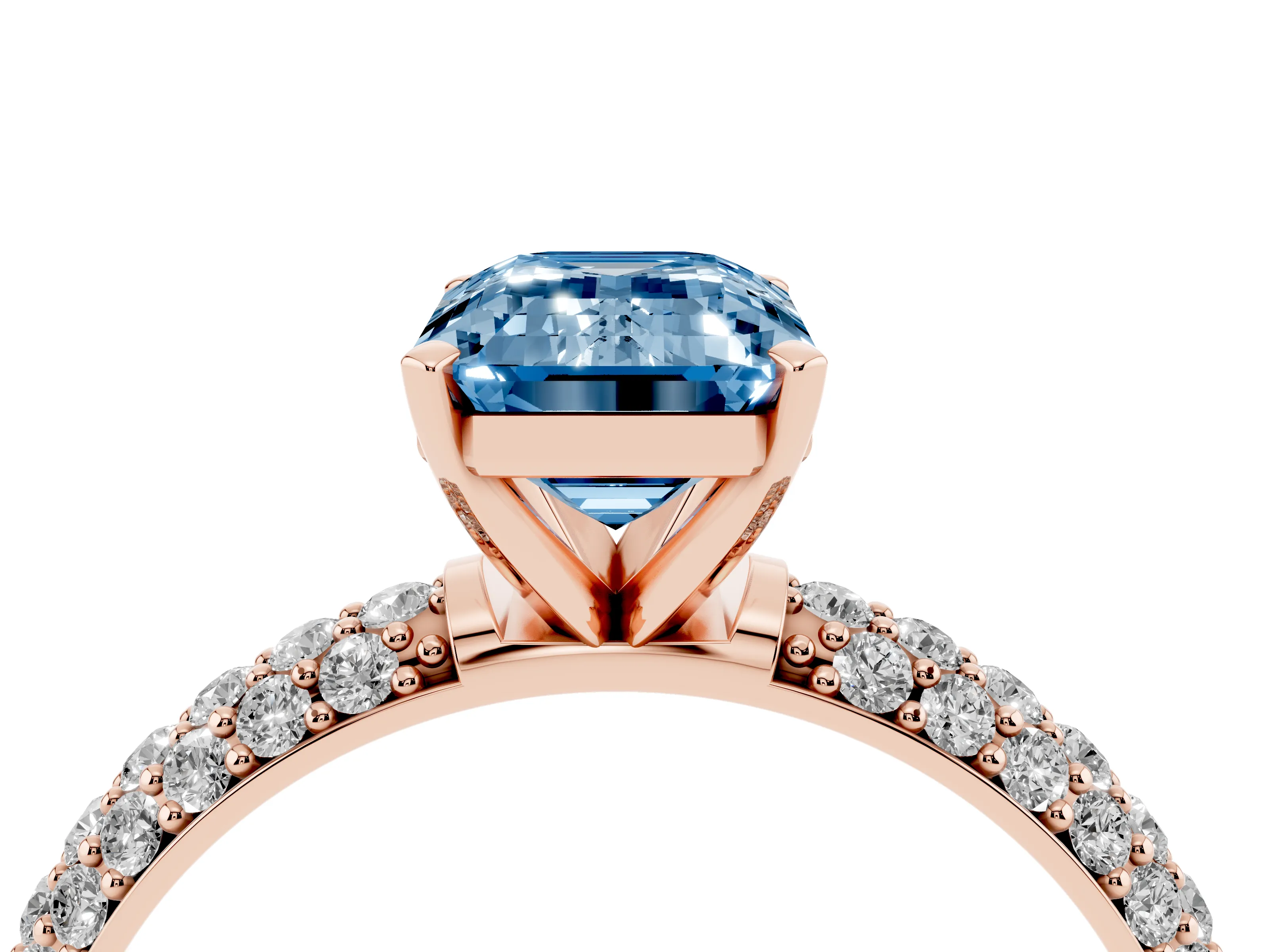 Fancy Blue Emerald Cut Diamond Solitaire Ring Set in Rose gold with Prong Setting and Pavé-Set Band