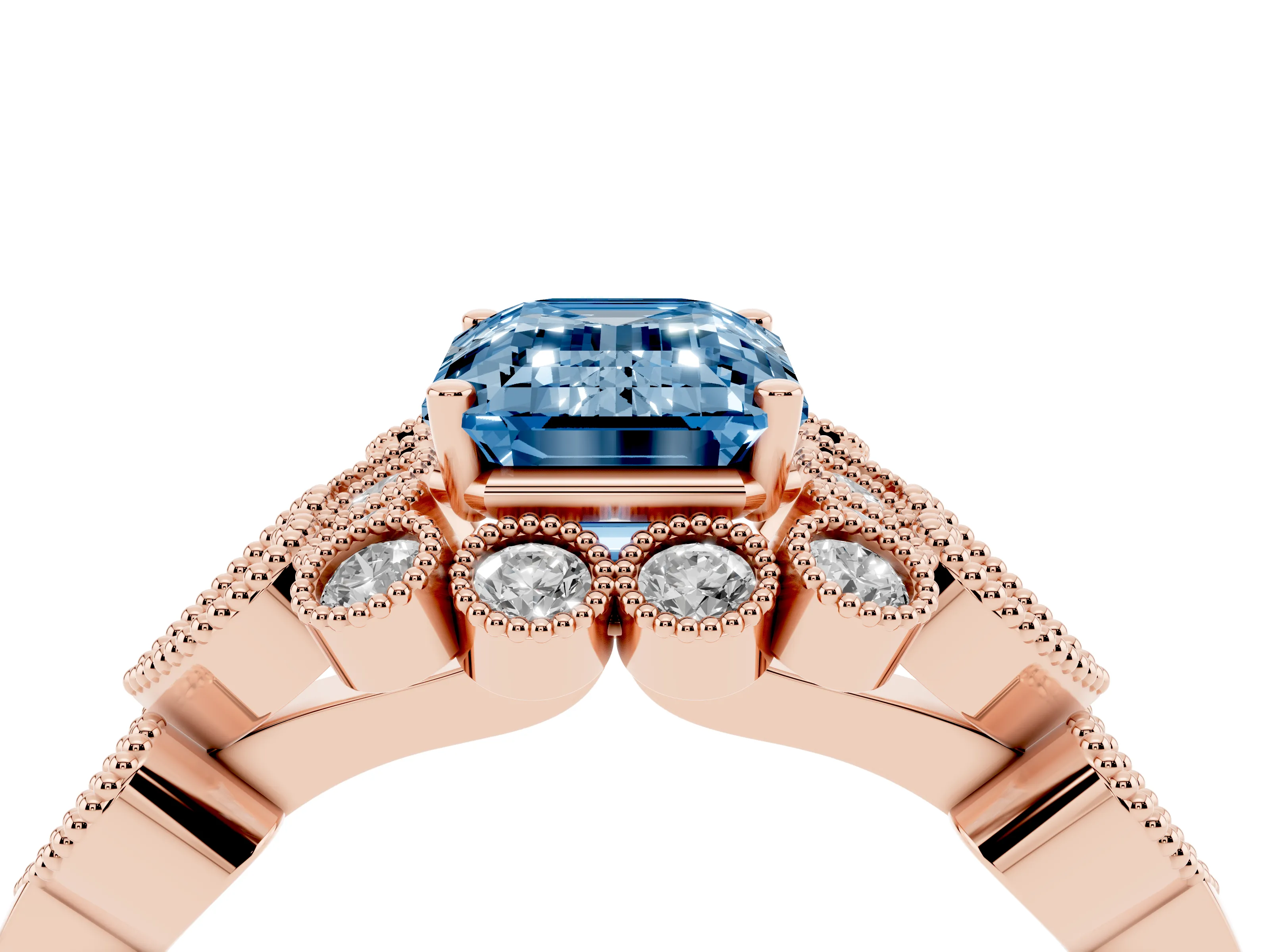 Fancy Blue Emerald Cut Diamond Solitaire Ring Set in Rose gold with Milgrain Pavé Heart Band