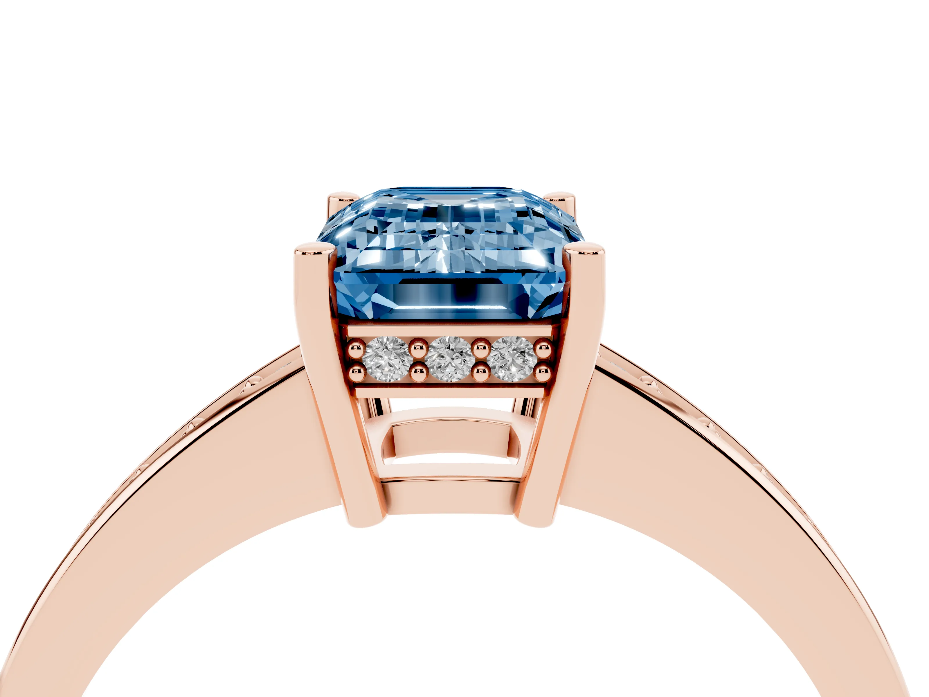 Fancy Blue Emerald Cut Diamond Pavé Band Prong Set Solitaire Ring Set in Rose gold