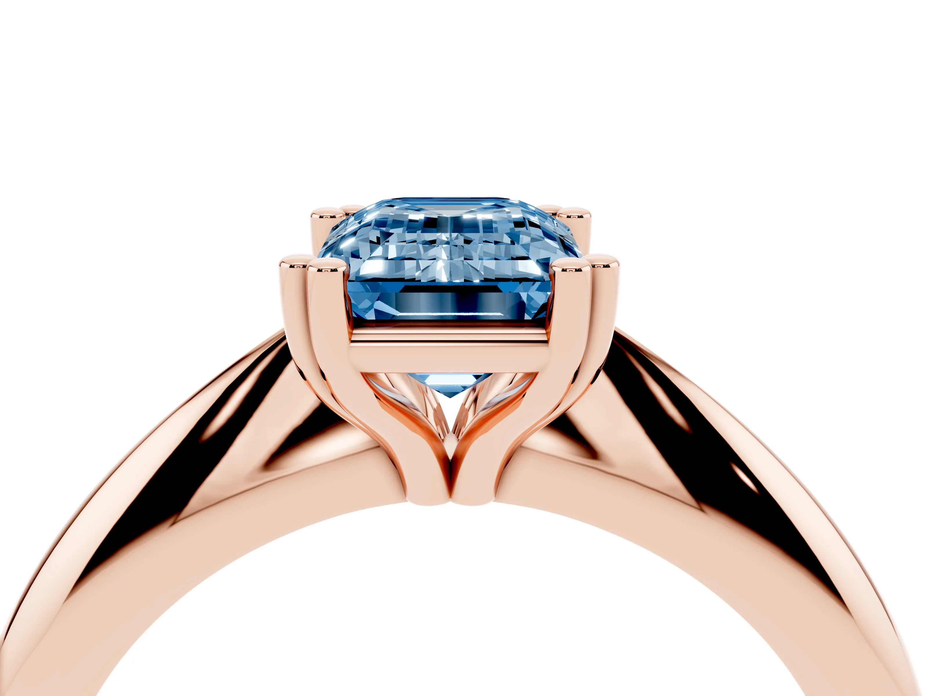 Fancy Blue Emerald Cut Diamond Solitaire Engagement Ring Set in Rose gold with Tapered Band and Prong Setting