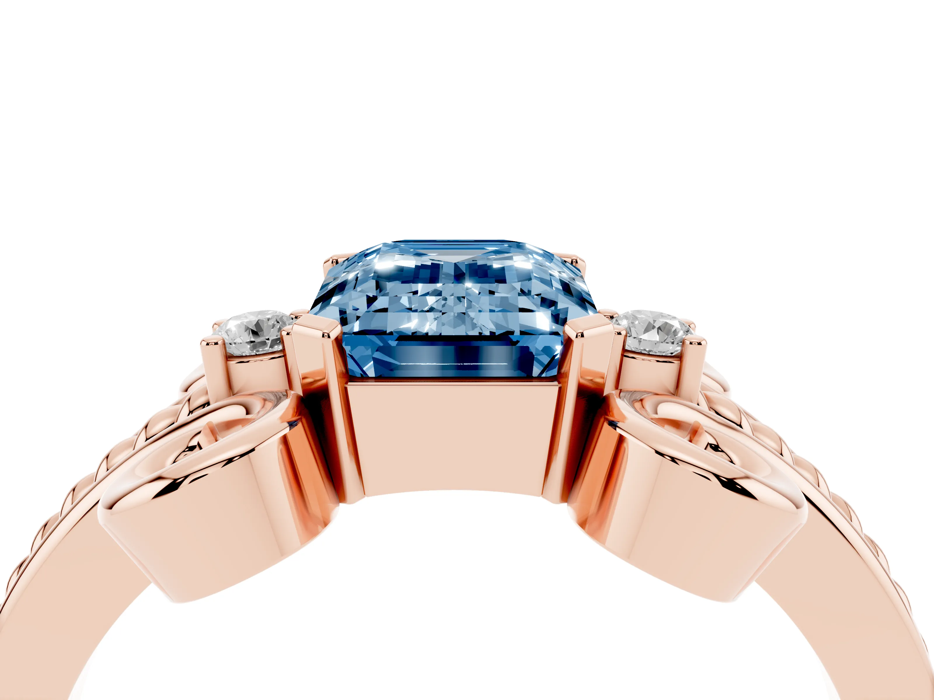 Fancy Blue Emerald Cut Diamond Twisted Band Solitaire Ring Set in Rose gold with Scroll Prongs