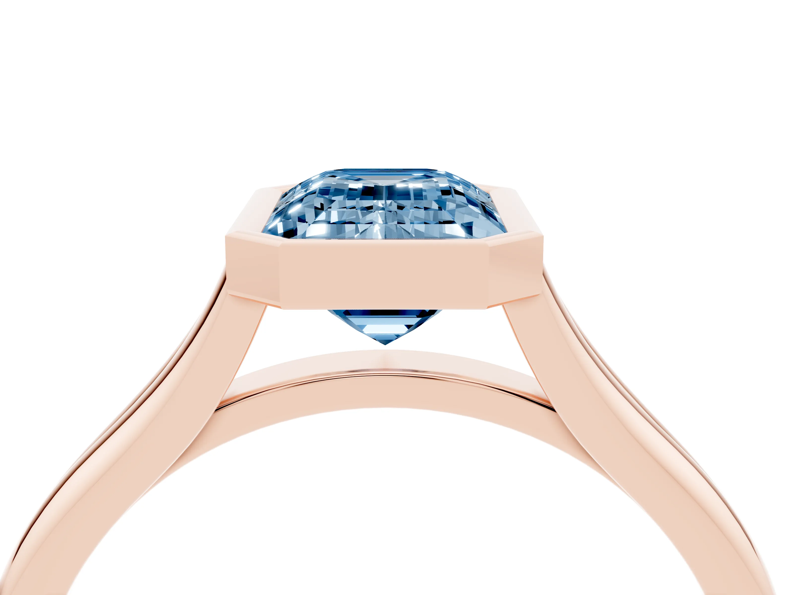 Fancy Blue Bezel Set Emerald Cut Diamond Solitaire Ring Set in Rose gold with Tapered Band