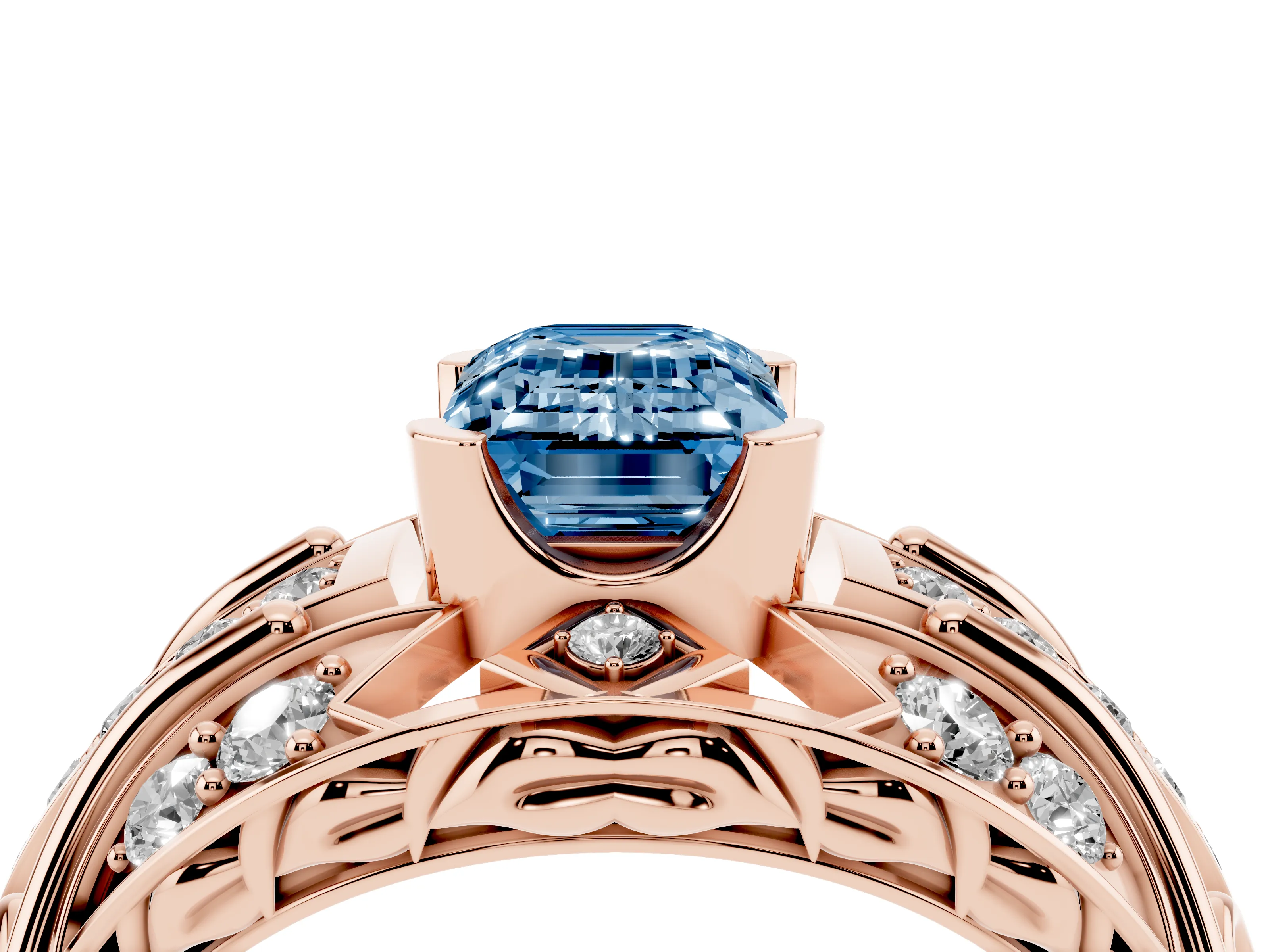 Fancy Blue Emerald Cut Diamond Art Deco Ring Set in Rose gold with Pavé Split Shank
