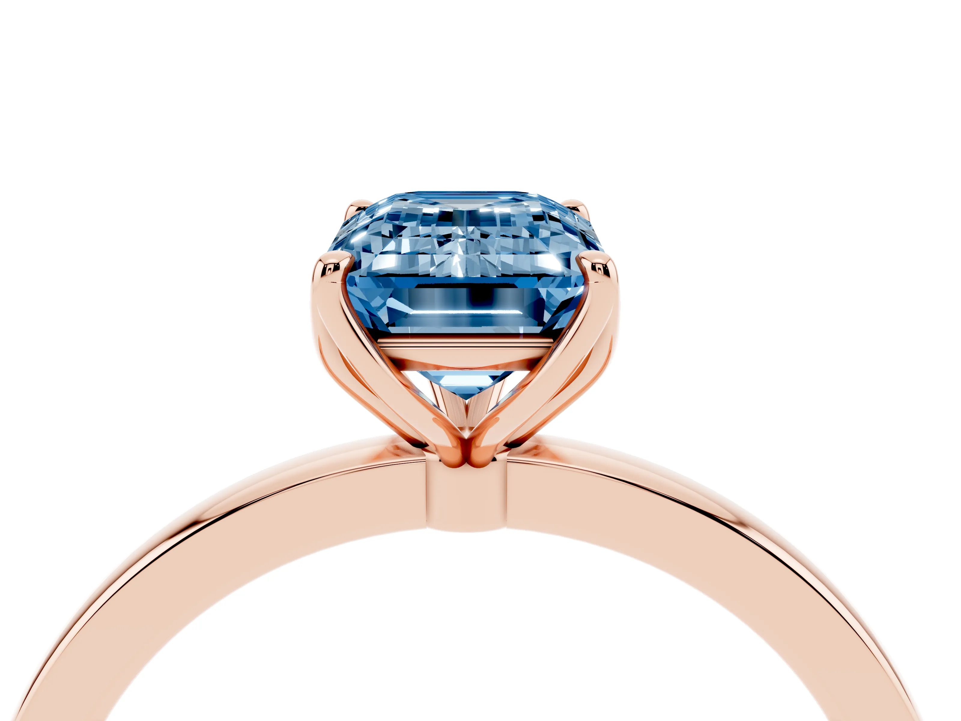 Fancy Blue Emerald Cut Diamond Solitaire Ring Set in Rose gold with Prong Setting and Thin Polished Band