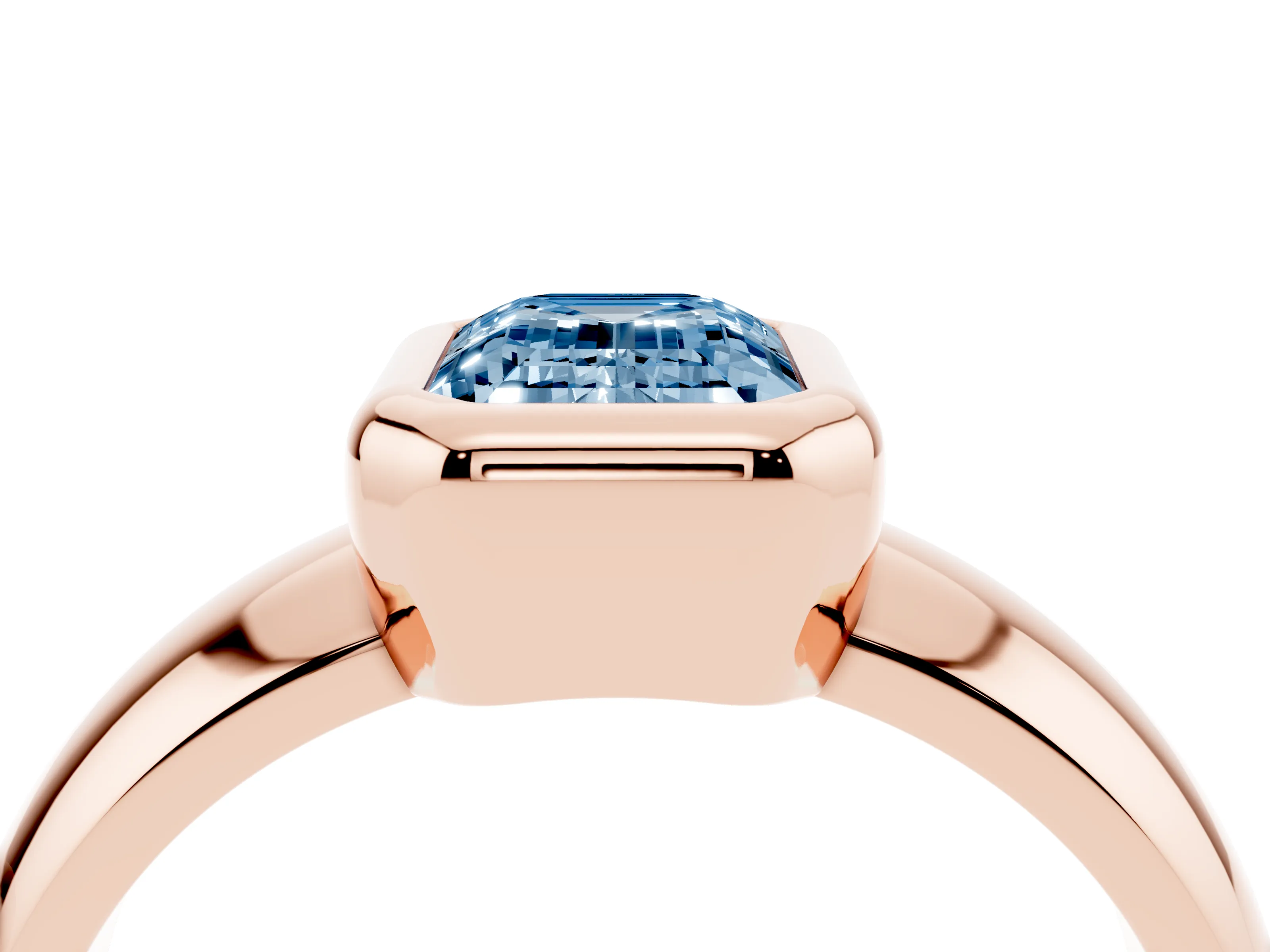 Fancy Blue Bezel Set Emerald Cut Diamond Solitaire Ring Set in Rose gold with Wide Band