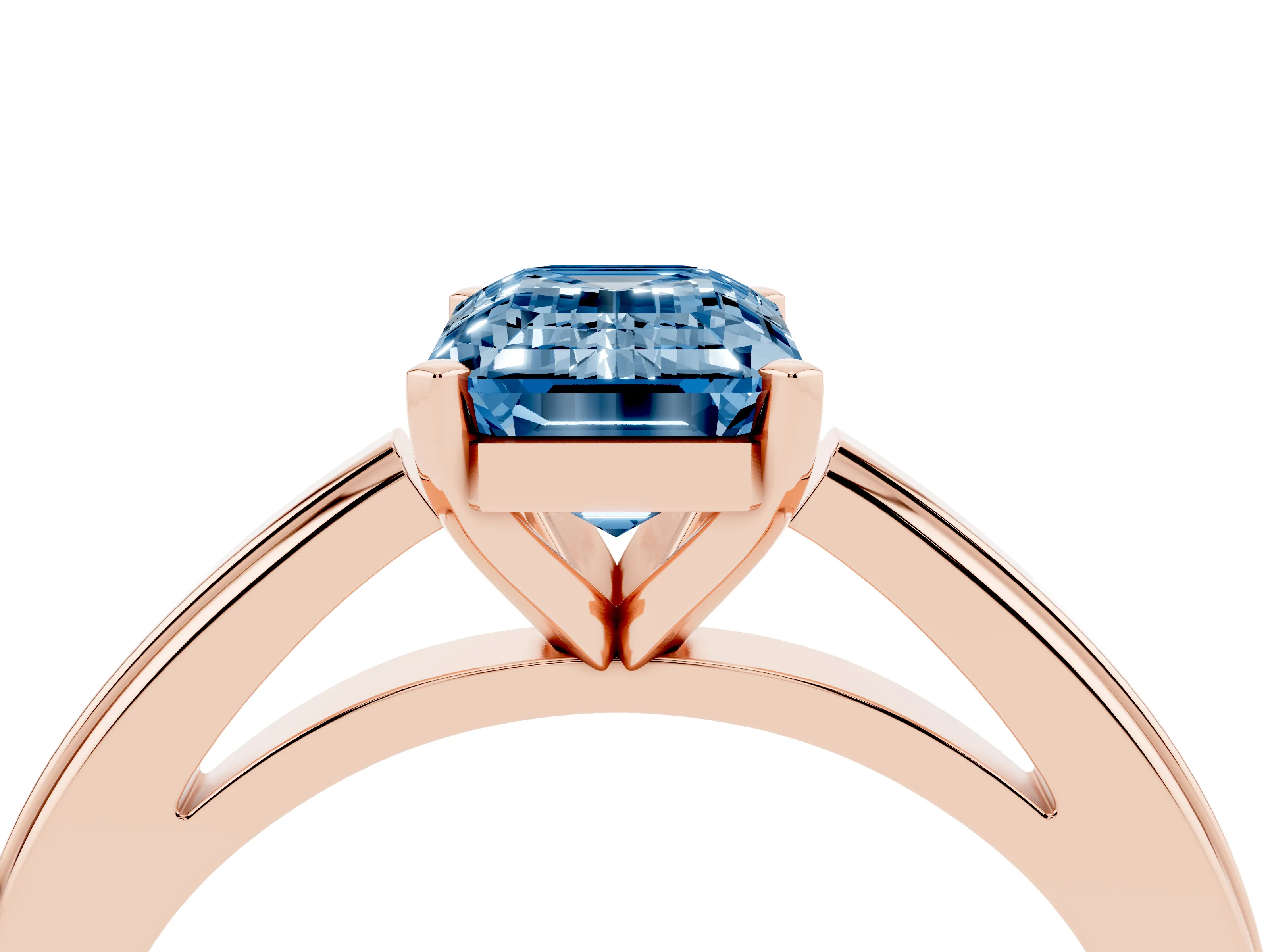 Fancy Blue Emerald Cut Diamond Solitaire Ring Set in Rose gold with Prong Setting and Classic Band