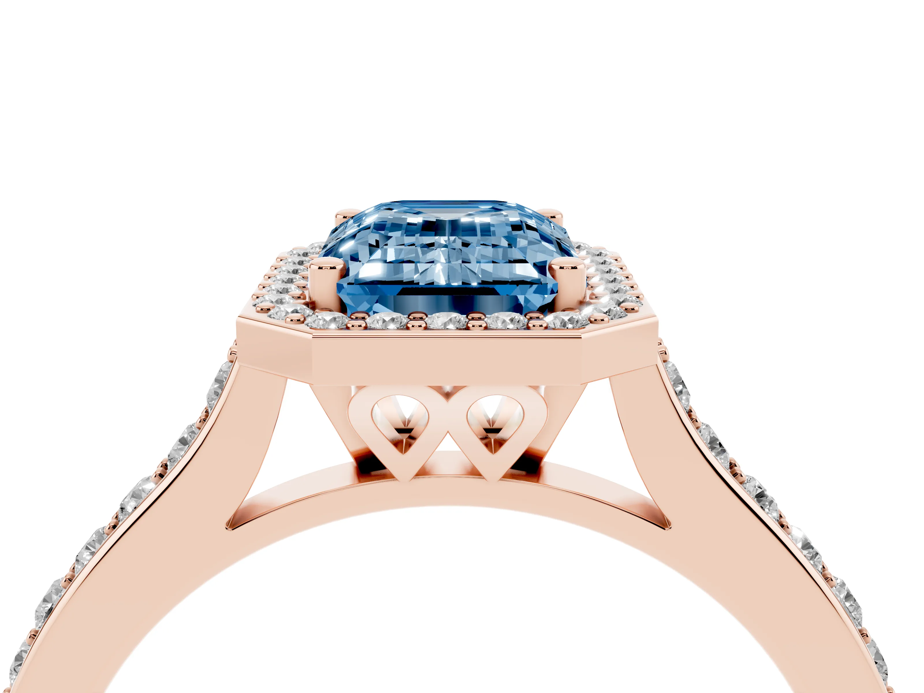 Fancy Blue Emerald Cut Diamond Halo Engagement Ring Set in Rose gold with Round Pavé Shoulders and Heart Gallery