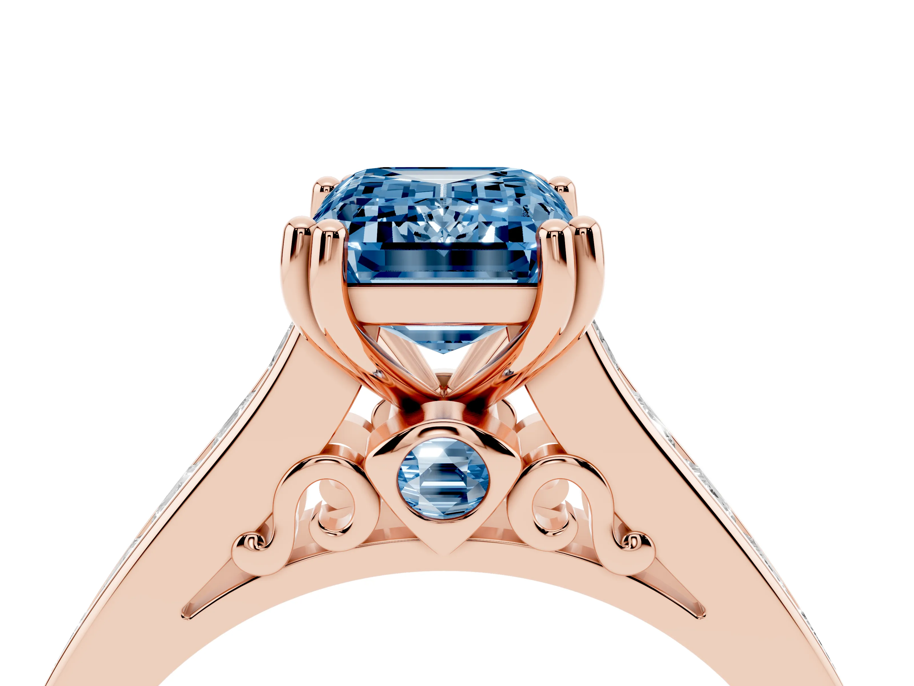 Fancy Blue Emerald Cut Diamond Channel Set Solitaire Engagement Ring Set in Rose gold with Prong Setting