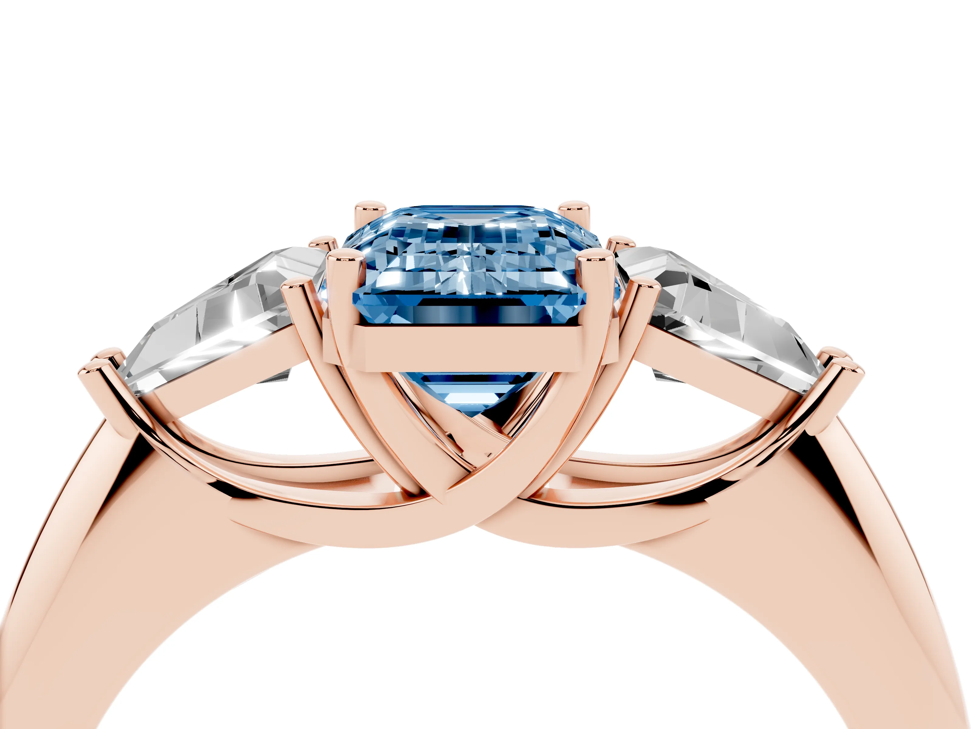 Fancy Blue Emerald Cut Diamond Three-Stone Engagement Ring Set in Rose gold with Trillion Side Stones