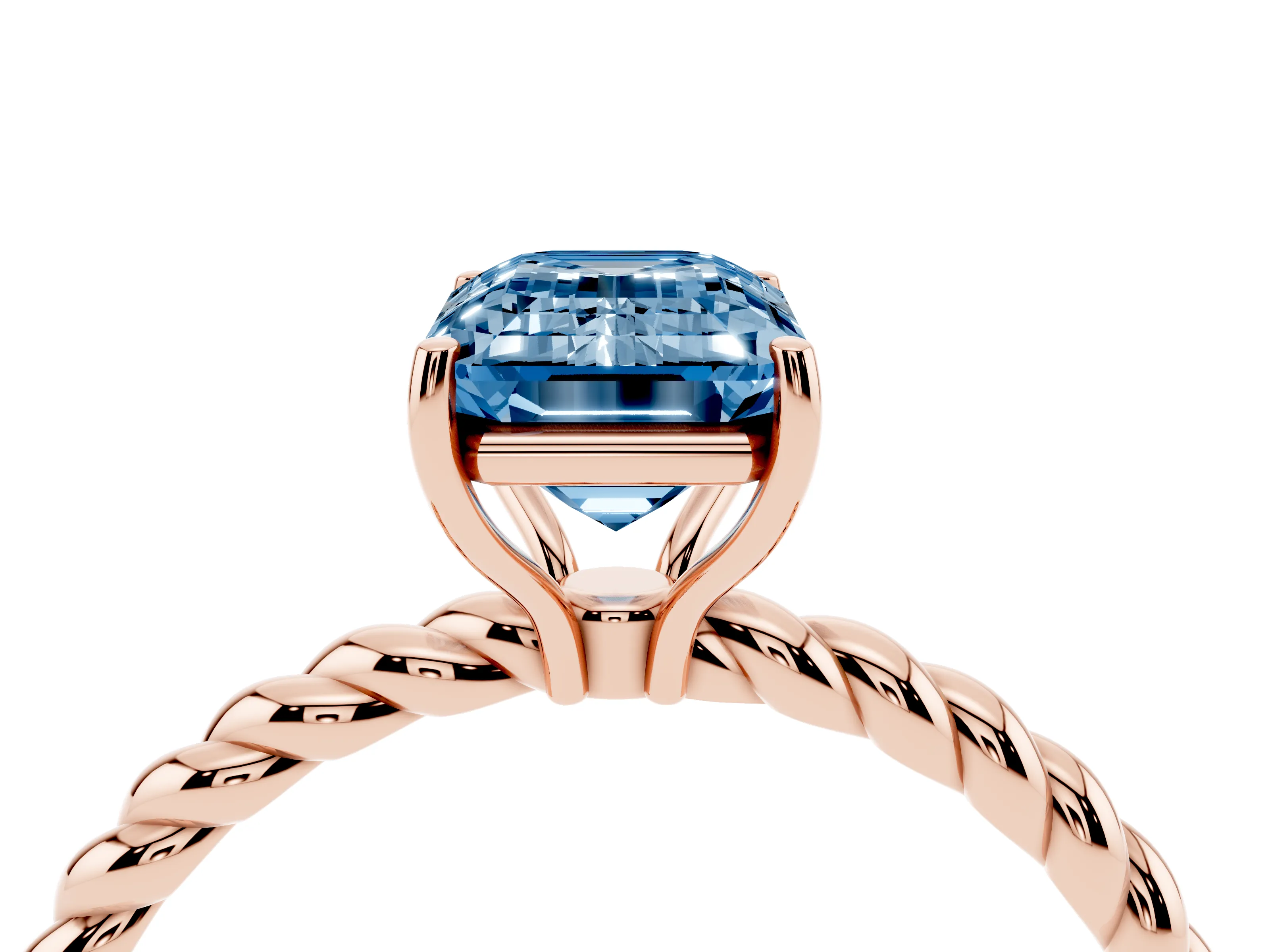 Fancy Blue Emerald Cut Diamond Solitaire Ring Set in Rose gold with Twist Band and Prong Setting