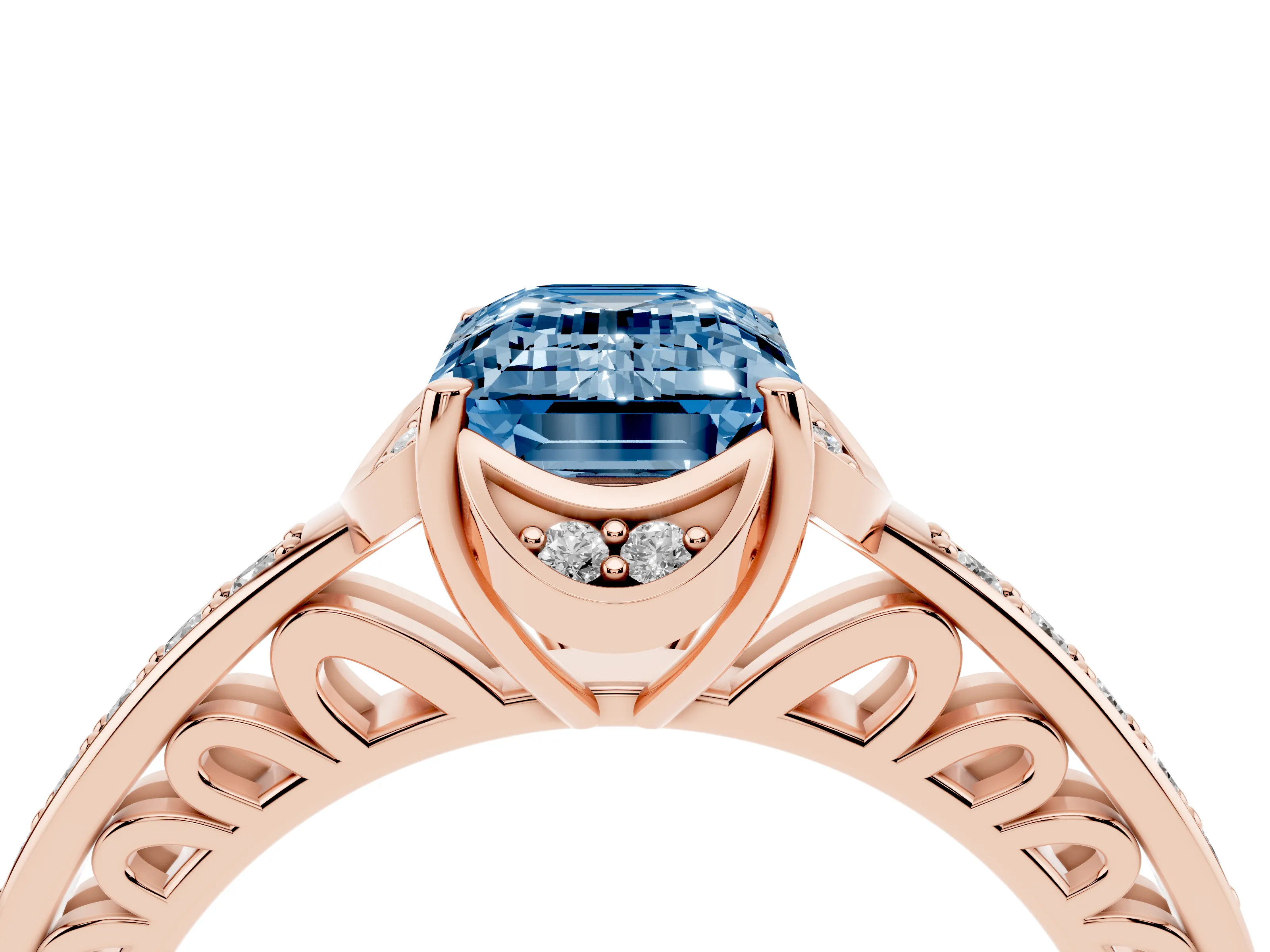 Fancy Blue Emerald Cut Diamond Halo Ring Set in Rose gold with Channel Set Band and Prong Setting