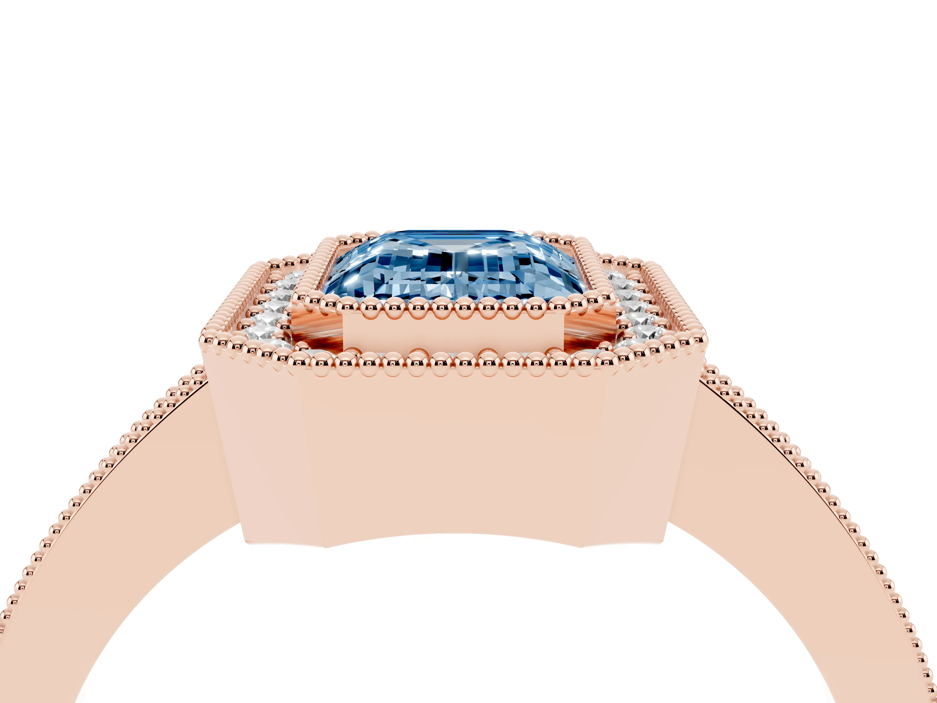 Fancy Blue Emerald Cut Diamond Halo Engagement Ring Set in Rose gold with Pavé Band and Round Halo Stones