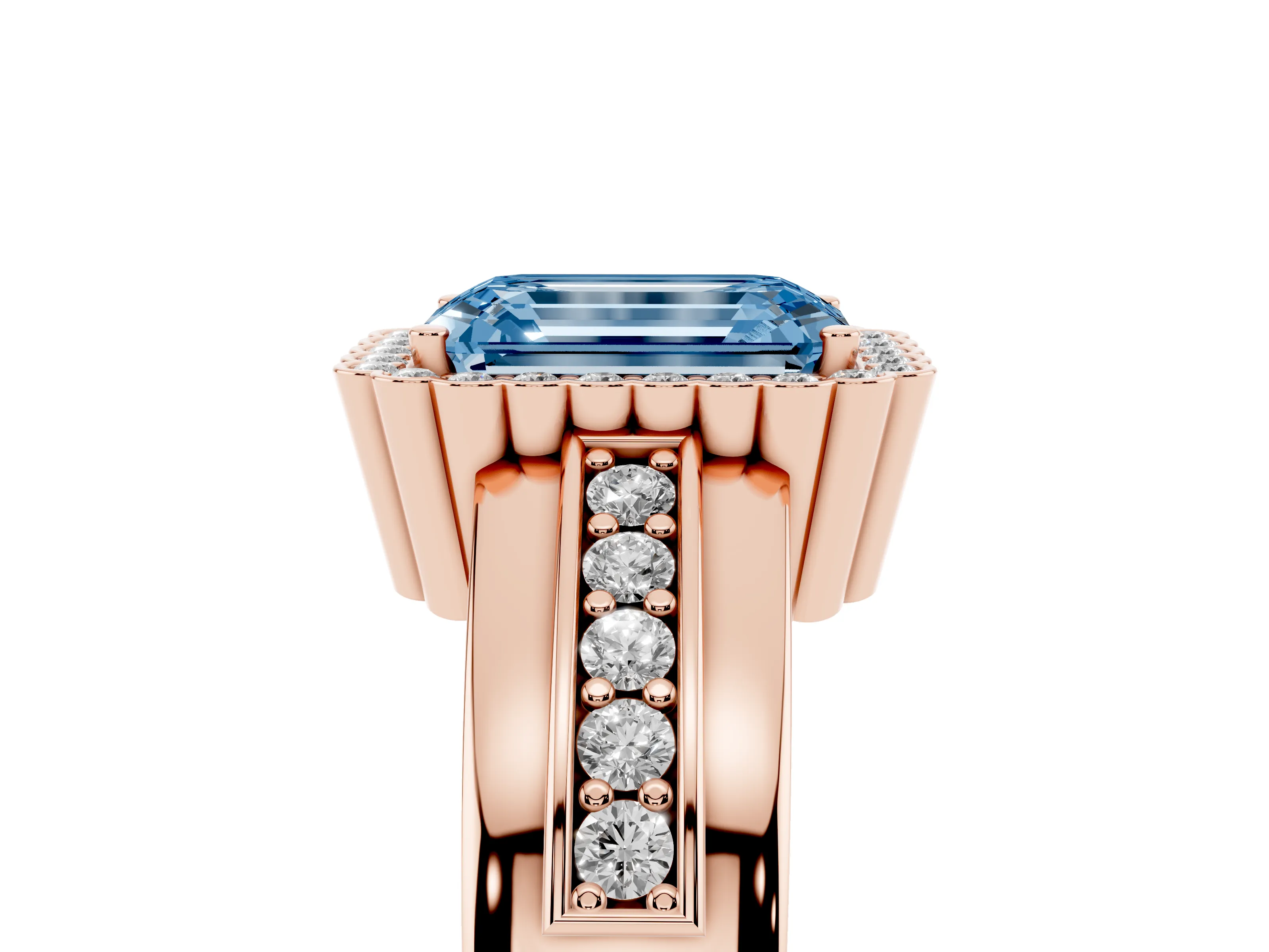 Fancy Blue Emerald Cut Diamond Halo Prong Ring Set in Rose gold with Pavé Band