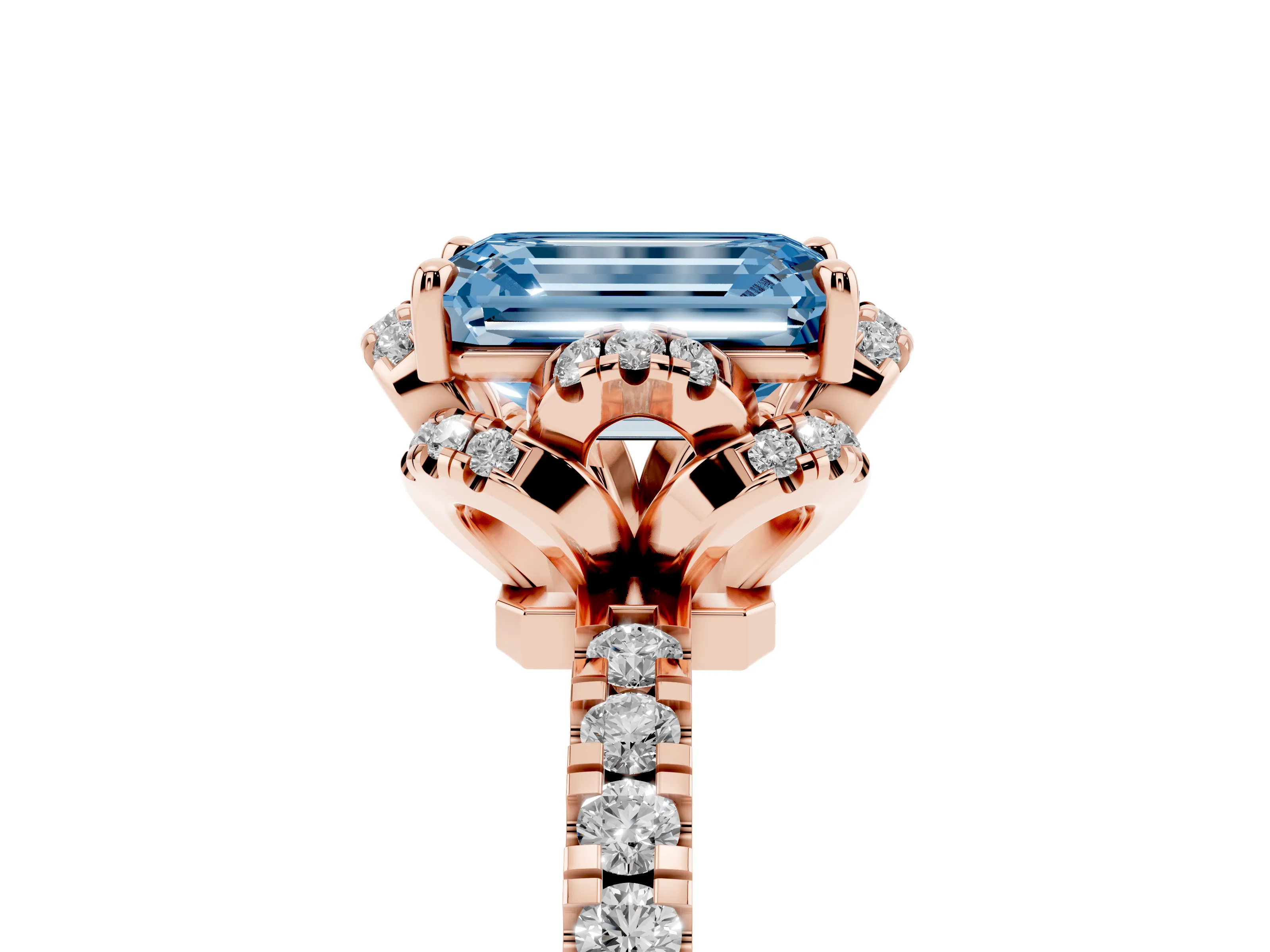 Fancy Blue Emerald Cut Diamond Halo Pavé Band Ring Set in Rose gold with Prong-Held Center