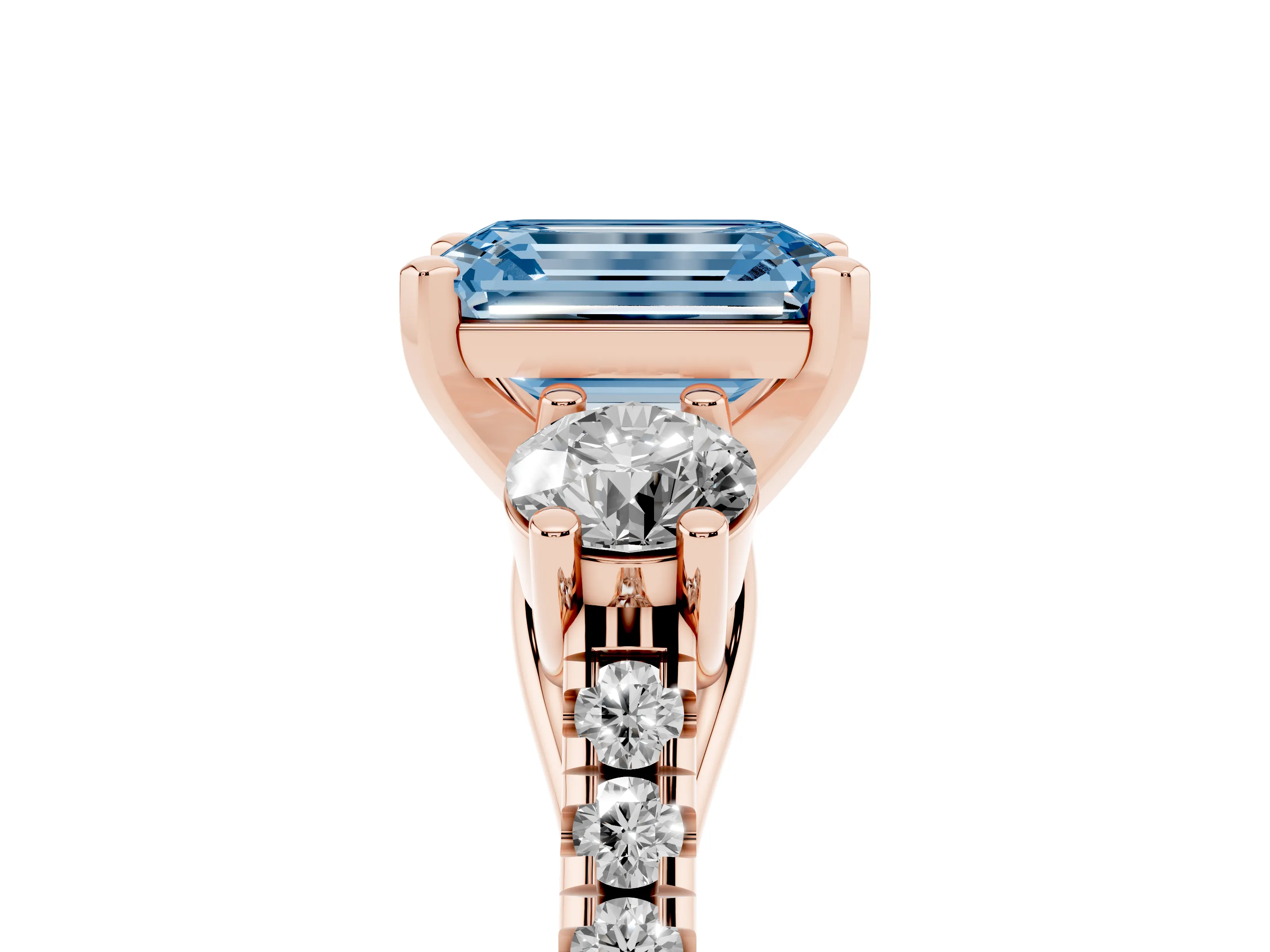 Fancy Blue Three-Stone Emerald Cut Diamond Pavé Band Ring Set in Rose gold with Prong-Set Trio
