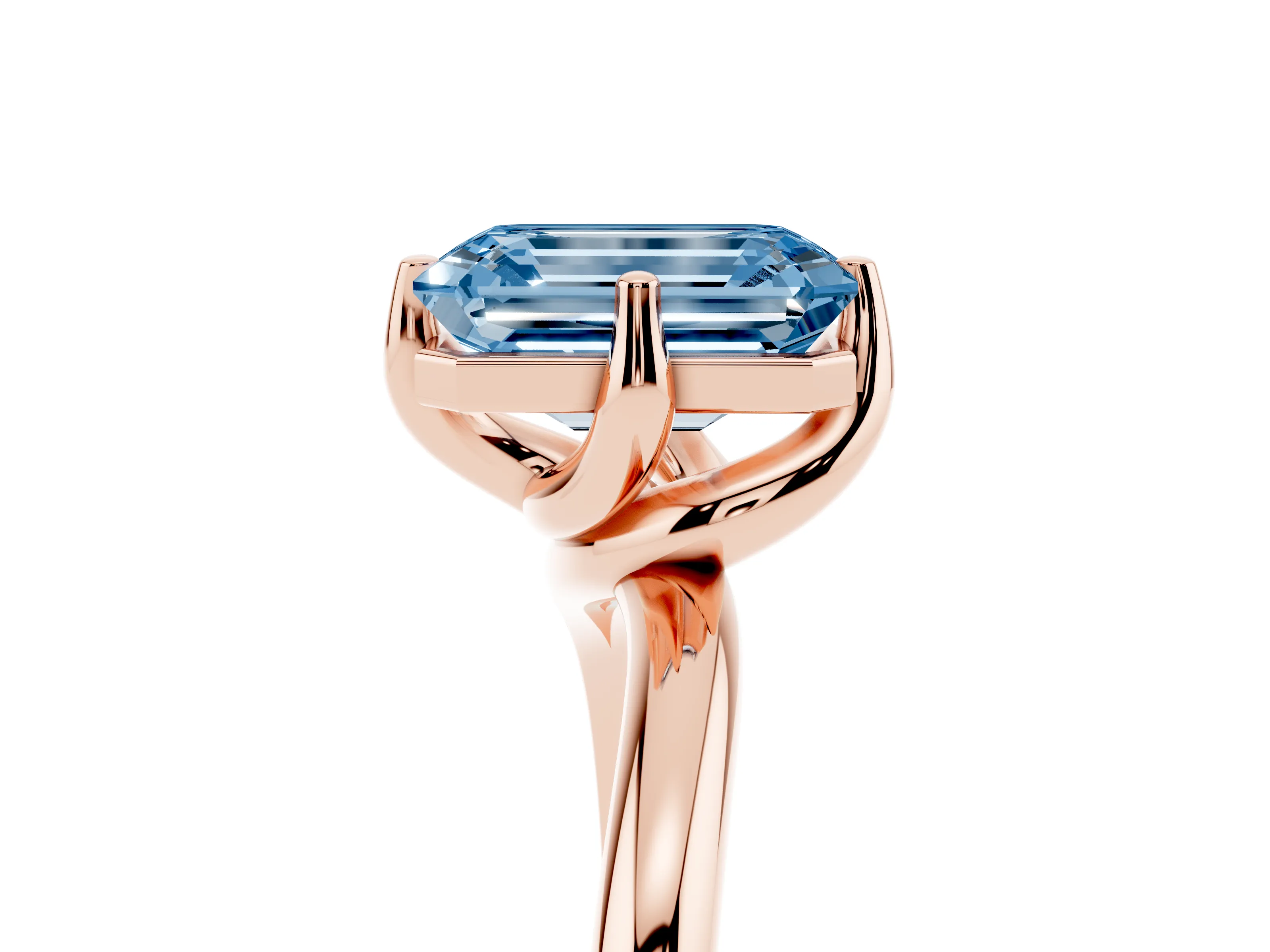 Fancy Blue Emerald Cut Diamond Solitaire Engagement Ring Set in Rose gold with Classic Plain Band