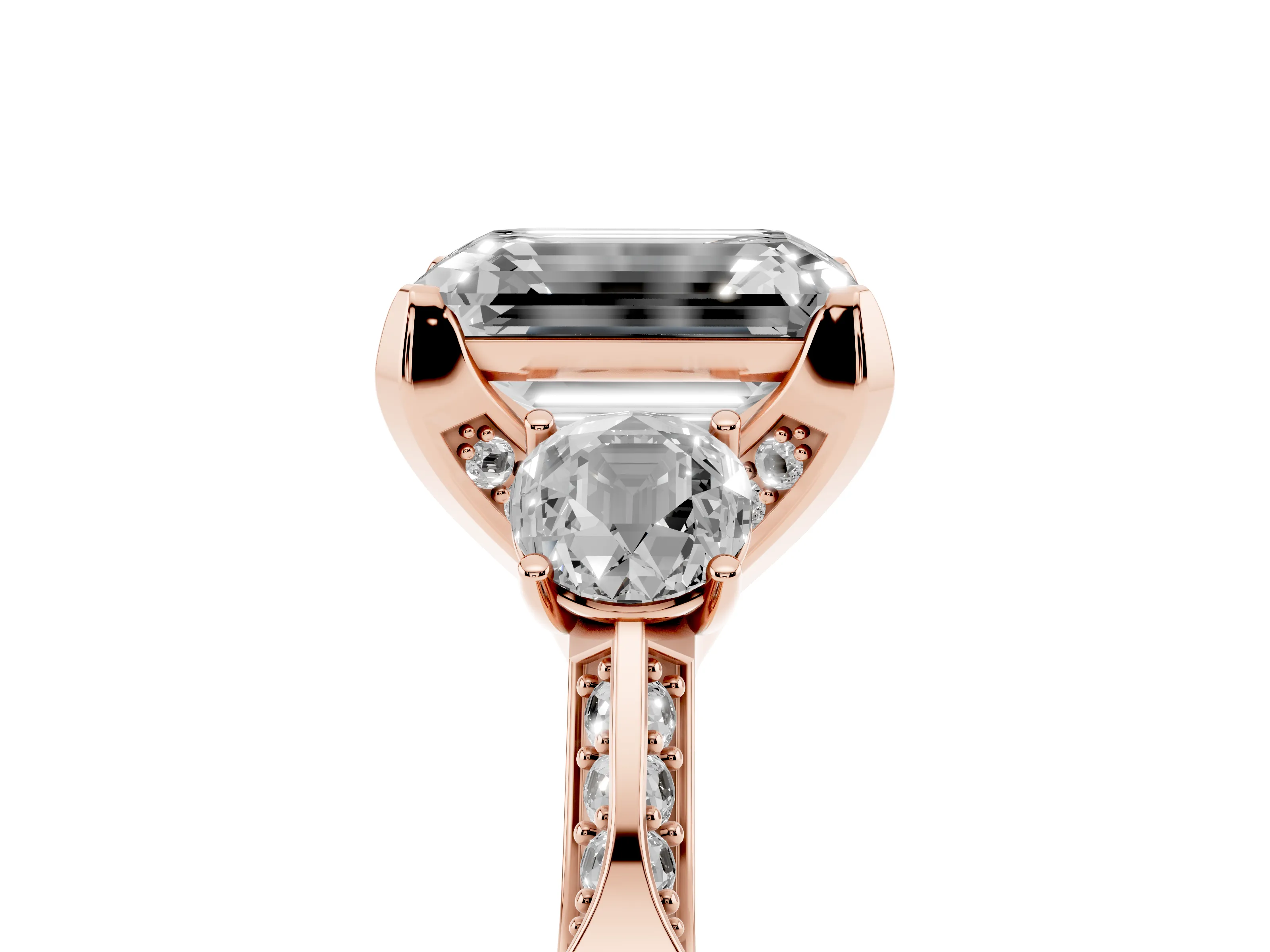 Fancy Blue Emerald Cut Diamond Three-Stone Ring Set in Rose gold with Pavé Band and Smaller Side Stones