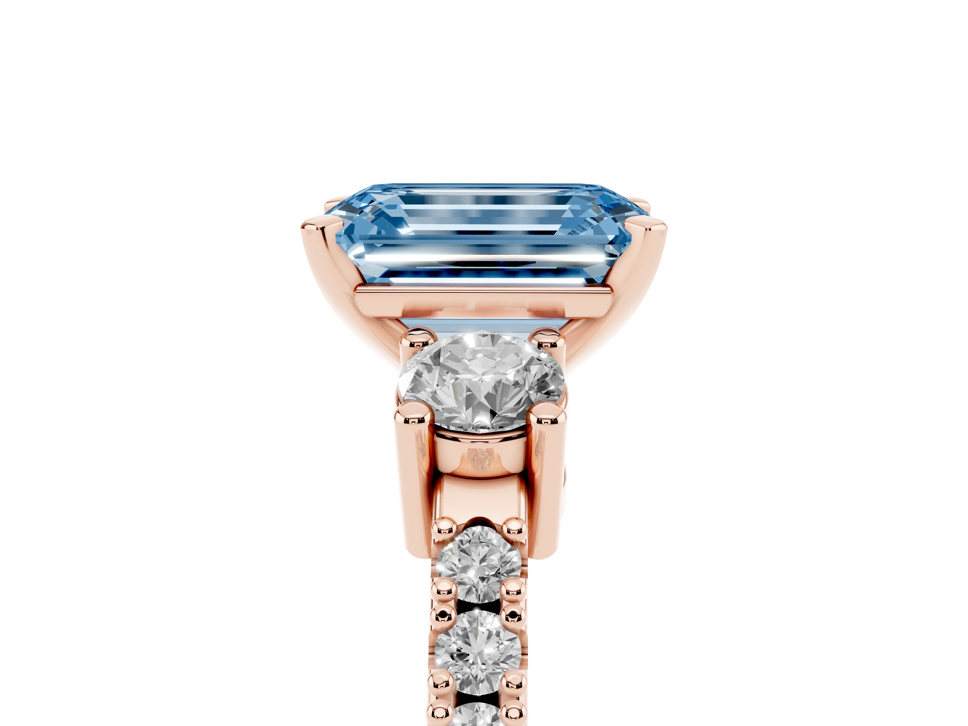Fancy Blue Three-Stone Emerald Cut Diamond Pavé Band Ring Set in Rose gold with Prong Setting