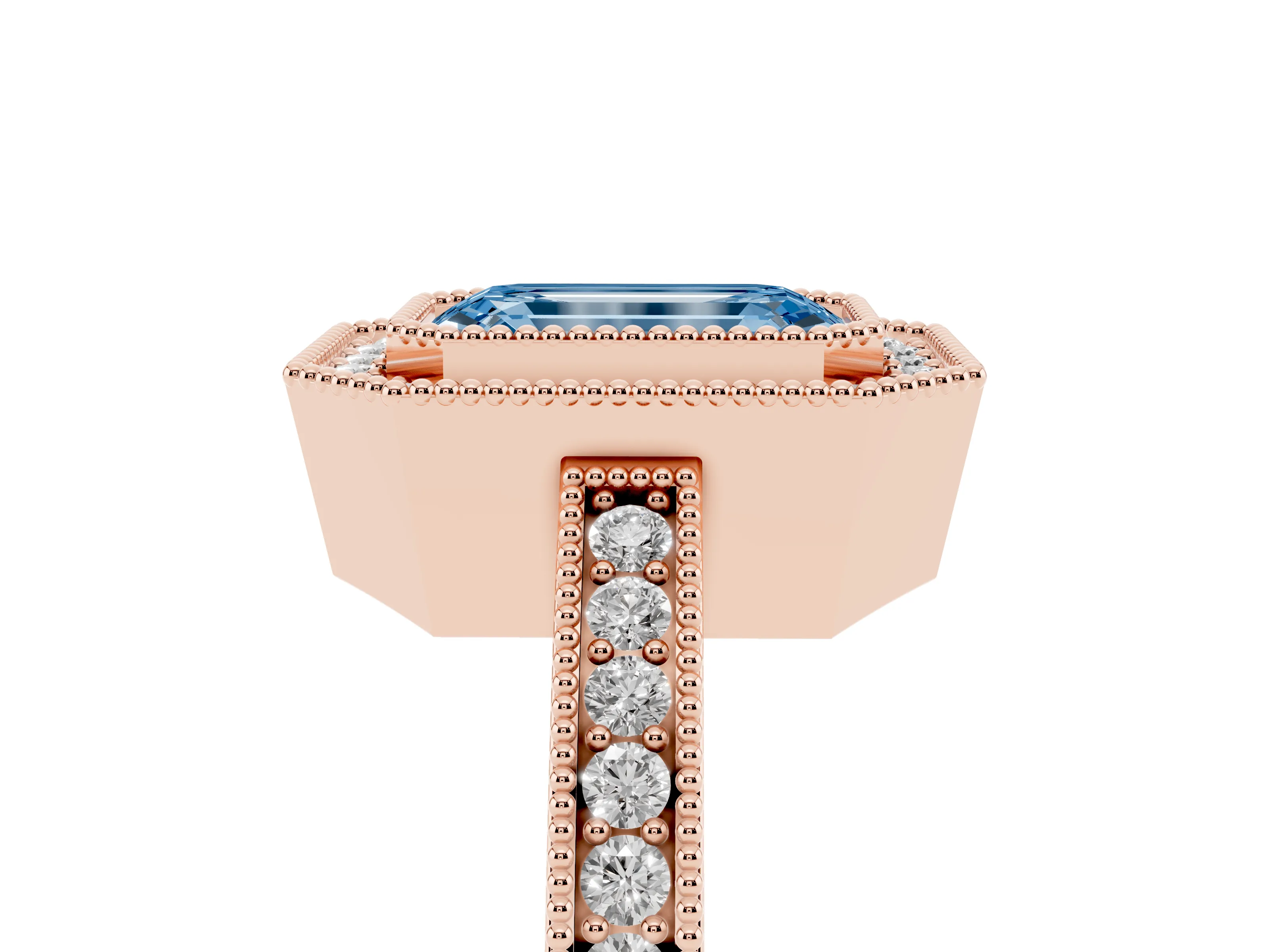 Fancy Blue Emerald Cut Diamond Round Halo Ring Set in Rose gold with Pavé Band