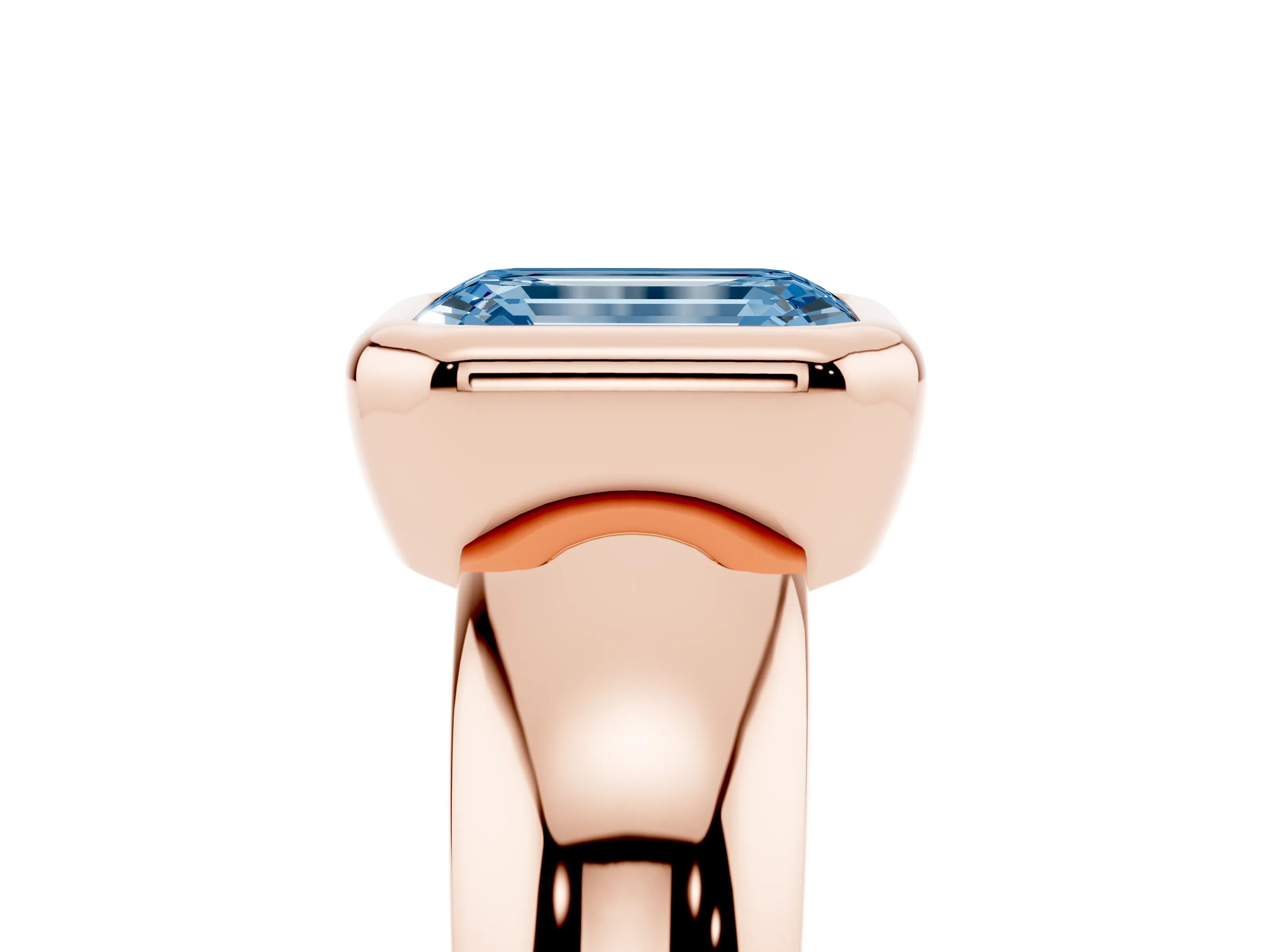 Fancy Blue Bezel Set Emerald Cut Diamond Solitaire Ring Set in Rose gold with Wide Band