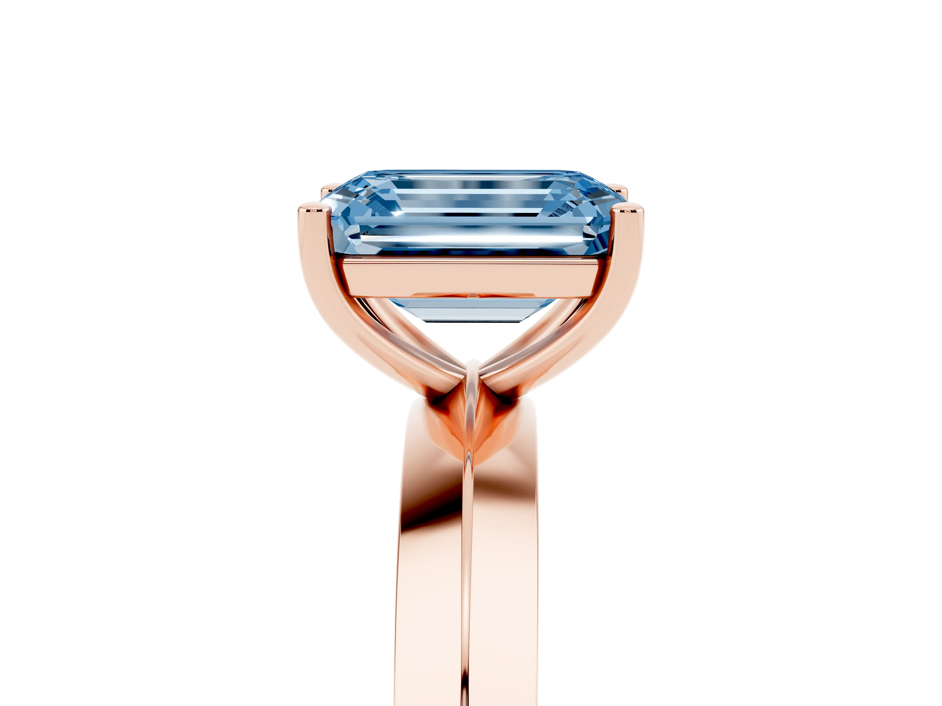 Fancy Blue Emerald Cut Diamond Solitaire Engagement Ring Set in Rose gold with Flat Band and Prong Setting