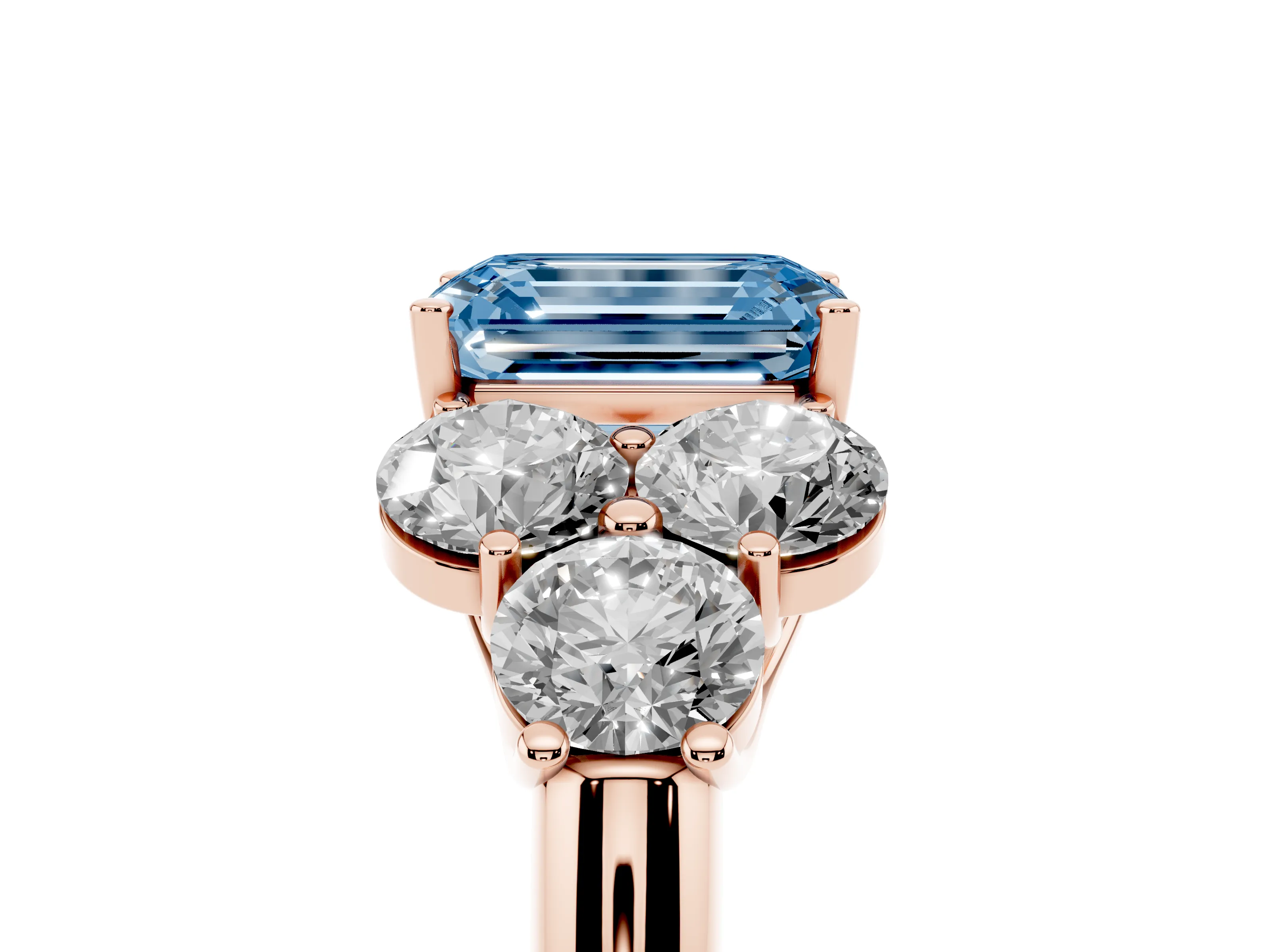 Fancy Blue Emerald Cut Diamond Cluster Ring Set in Rose gold with Round Accent Stones and Prong Setting on a Plain Band