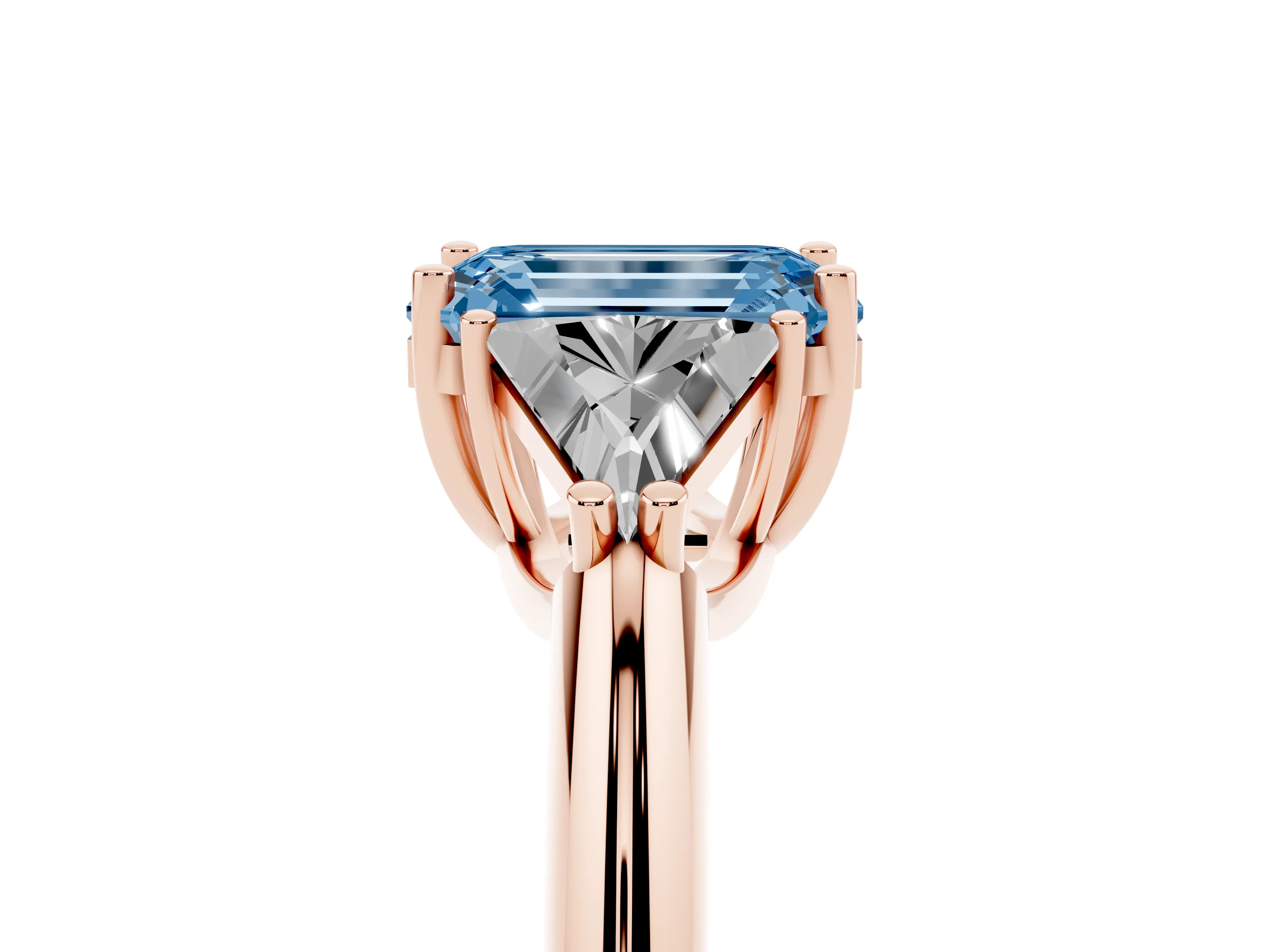 Fancy Blue Emerald Cut Diamond Three-Stone Engagement Ring Set in Rose gold with Trillion Side Stones