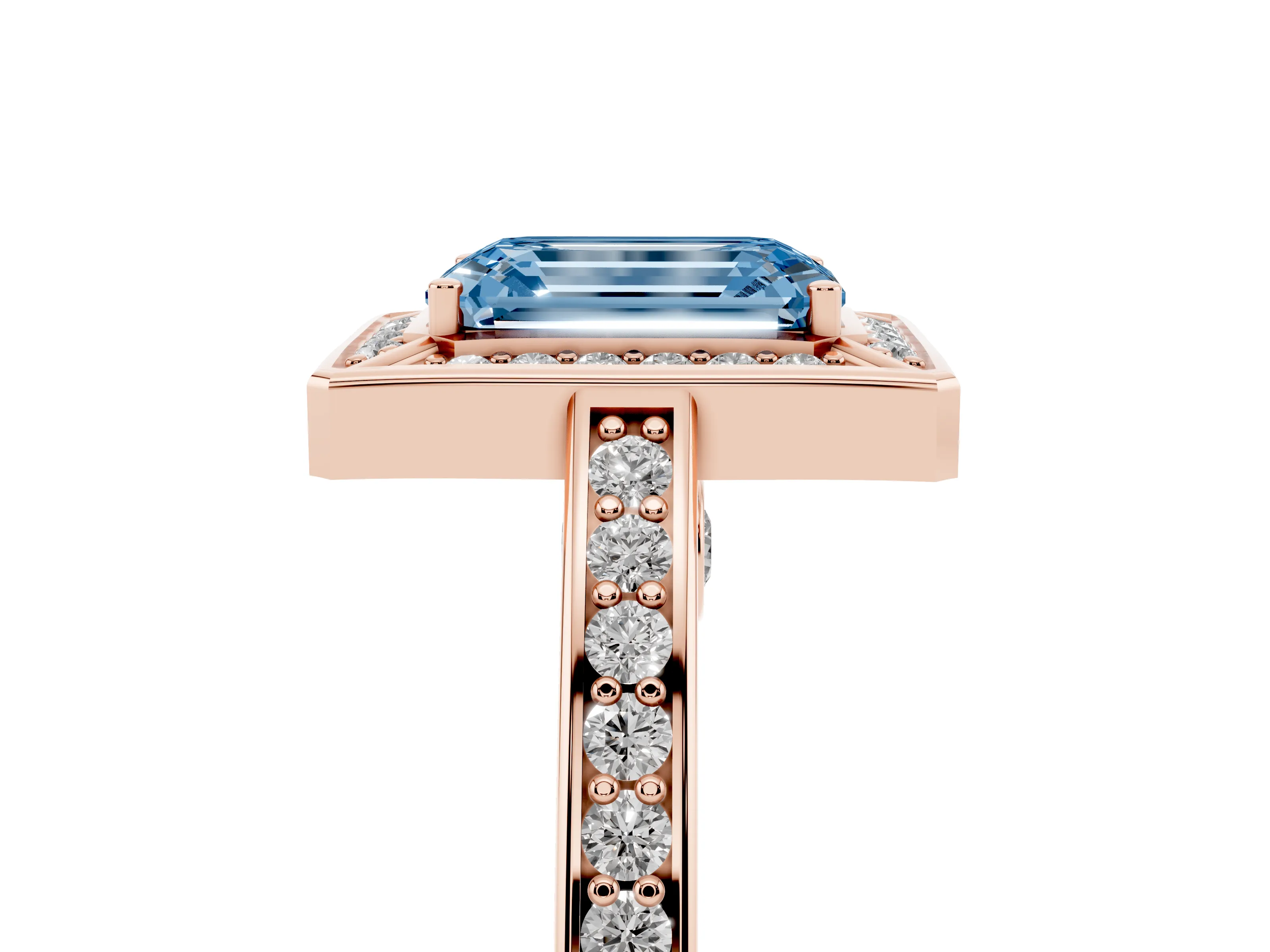 Fancy Blue Emerald Cut Diamond Halo Pavé Split Shank Ring Set in Rose gold with Prong Setting