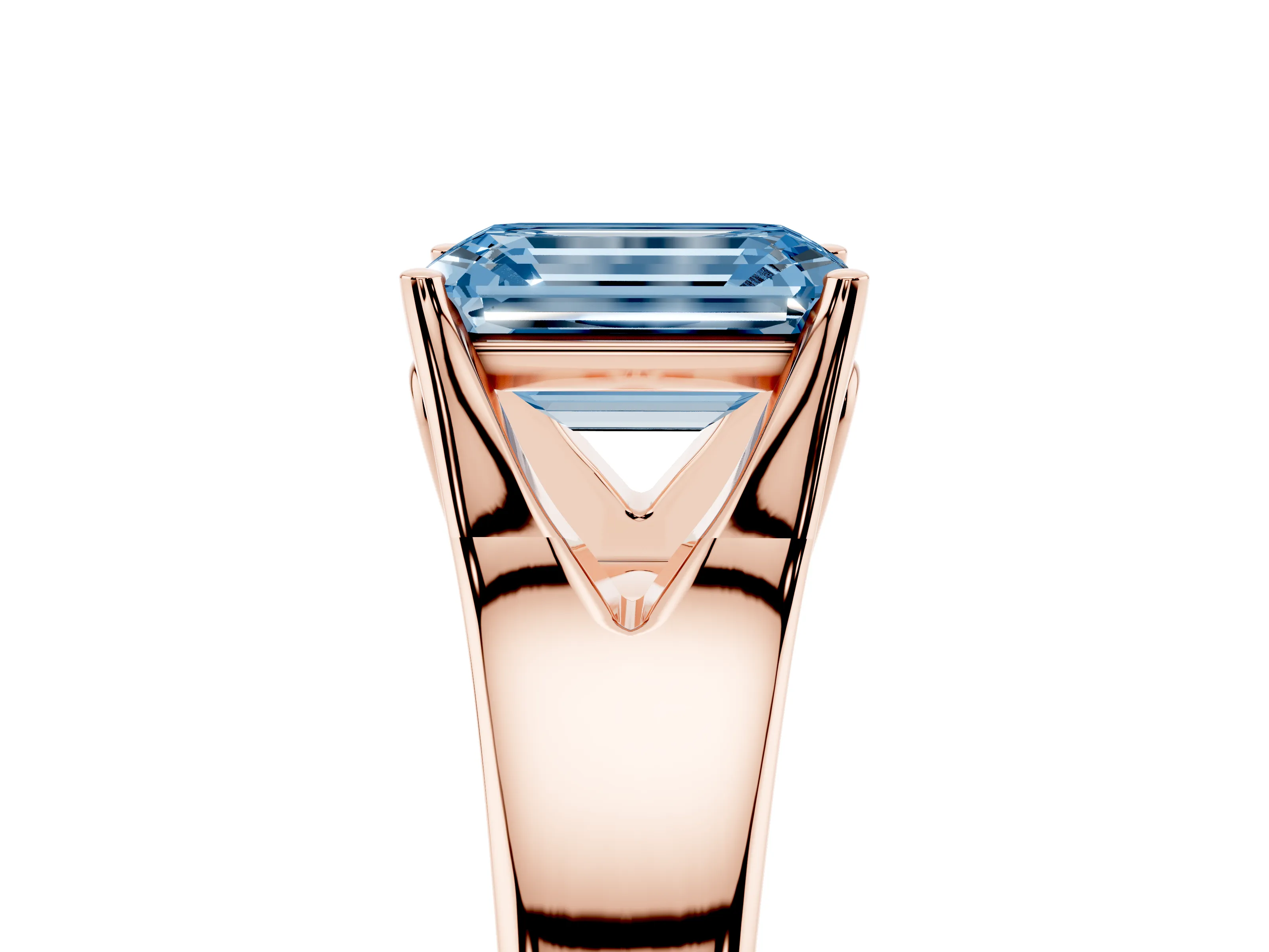 Fancy Blue Emerald Cut Diamond Solitaire Ring Set in Rose gold with Arched Cathedral Band and Prong Setting