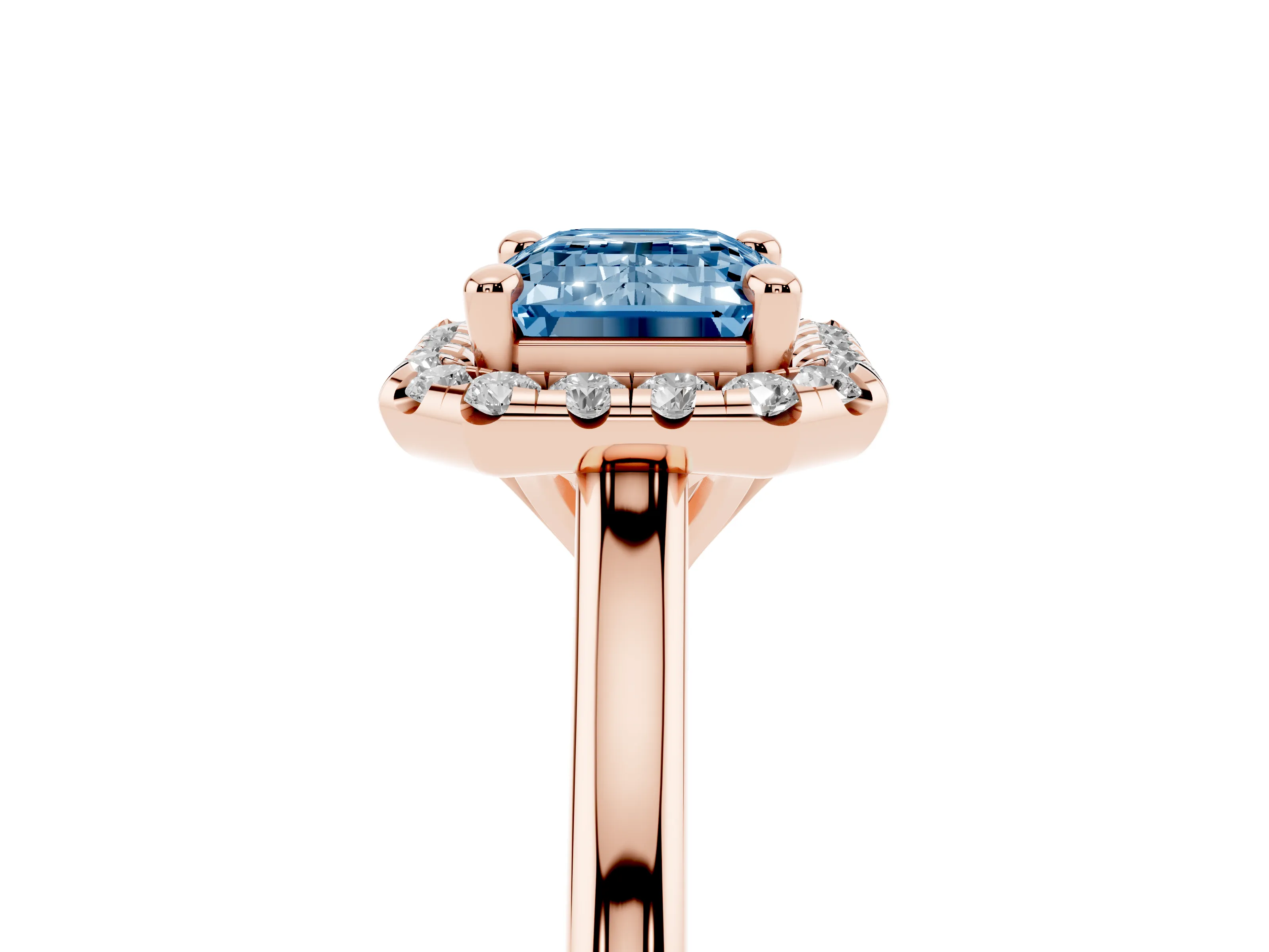 Fancy Blue Emerald Cut Diamond Halo Engagement Ring Set in Rose gold with Pavé Band and Rising Shoulders