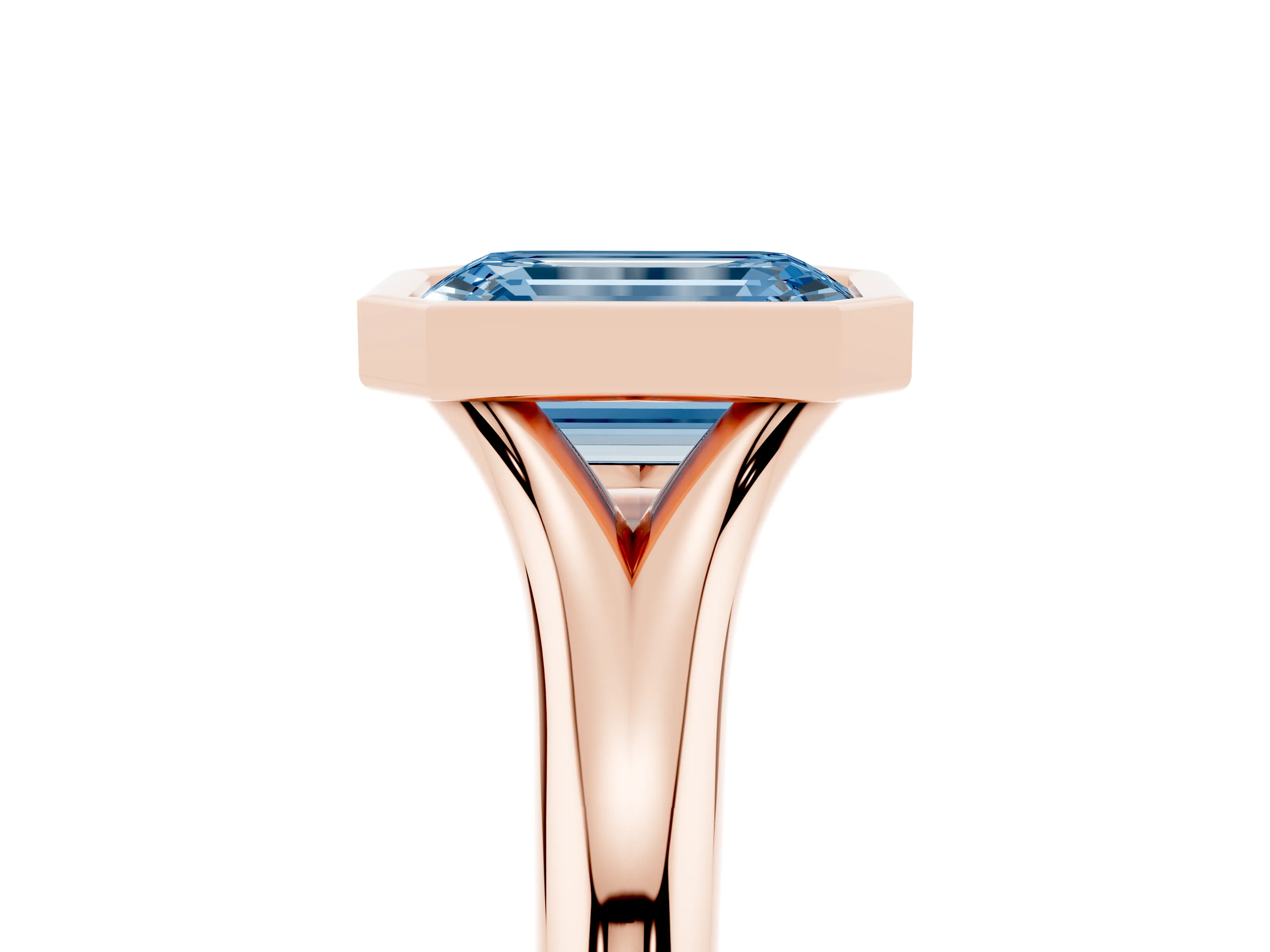 Fancy Blue Bezel Set Emerald Cut Diamond Solitaire Ring Set in Rose gold with Smooth Band