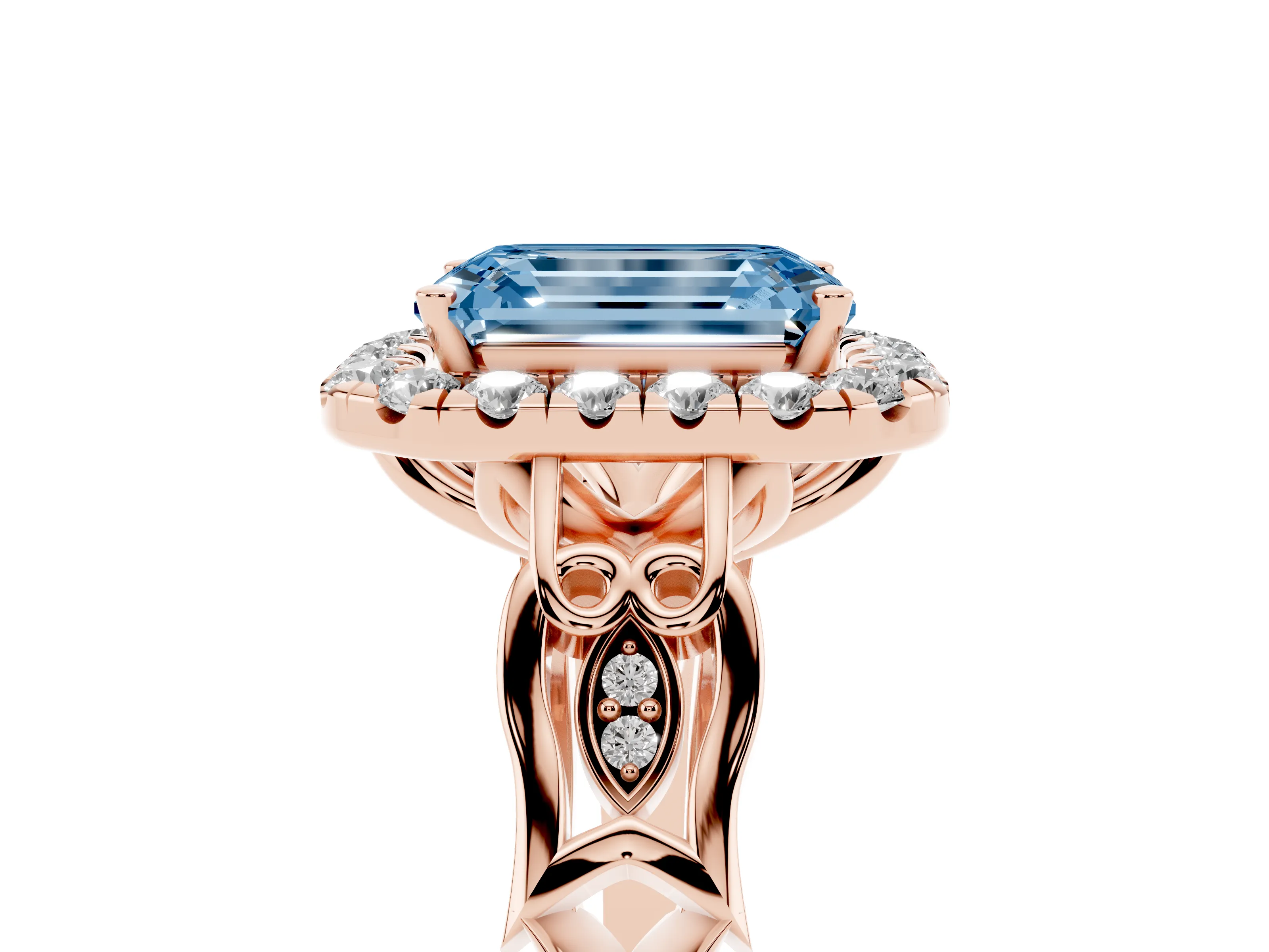 Fancy Blue Emerald Cut Diamond Halo Engagement Ring Set in Rose gold with Filigree Band and Prong-Set Center