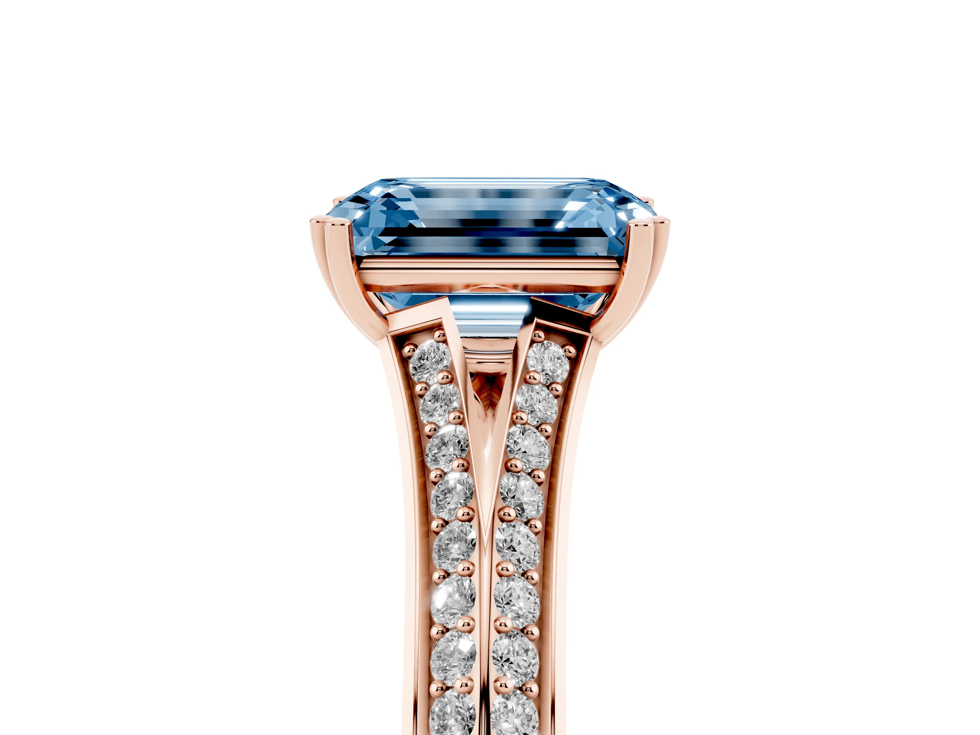 Fancy Blue Emerald Cut Diamond Split Shank Pavé Engagement Ring Set in Rose gold with Prong-Set Center Stone