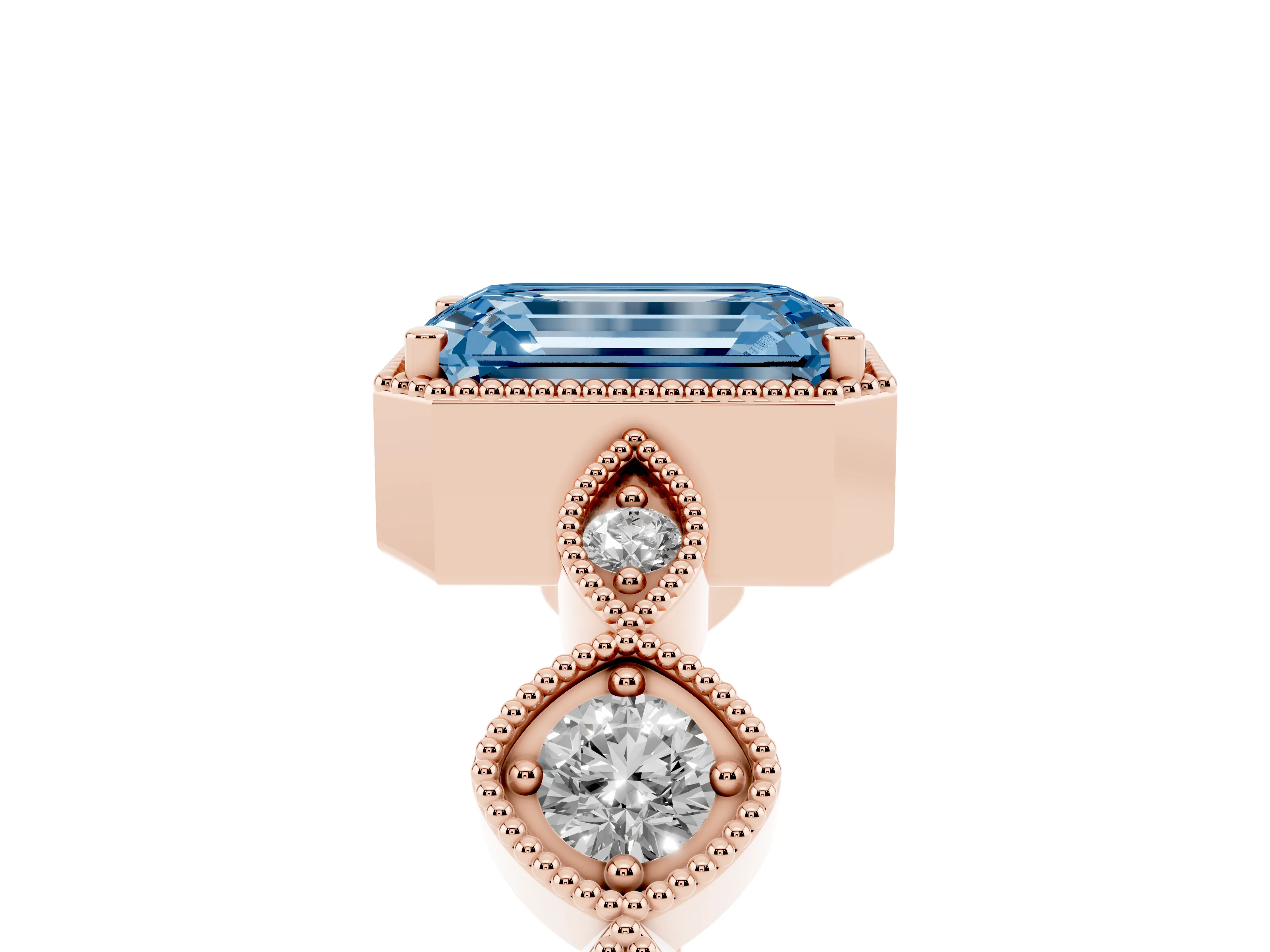 Fancy Blue Emerald Cut Diamond Vintage-Inspired Milgrain Ring Set in Rose gold with Marquise Stations of Round Accents